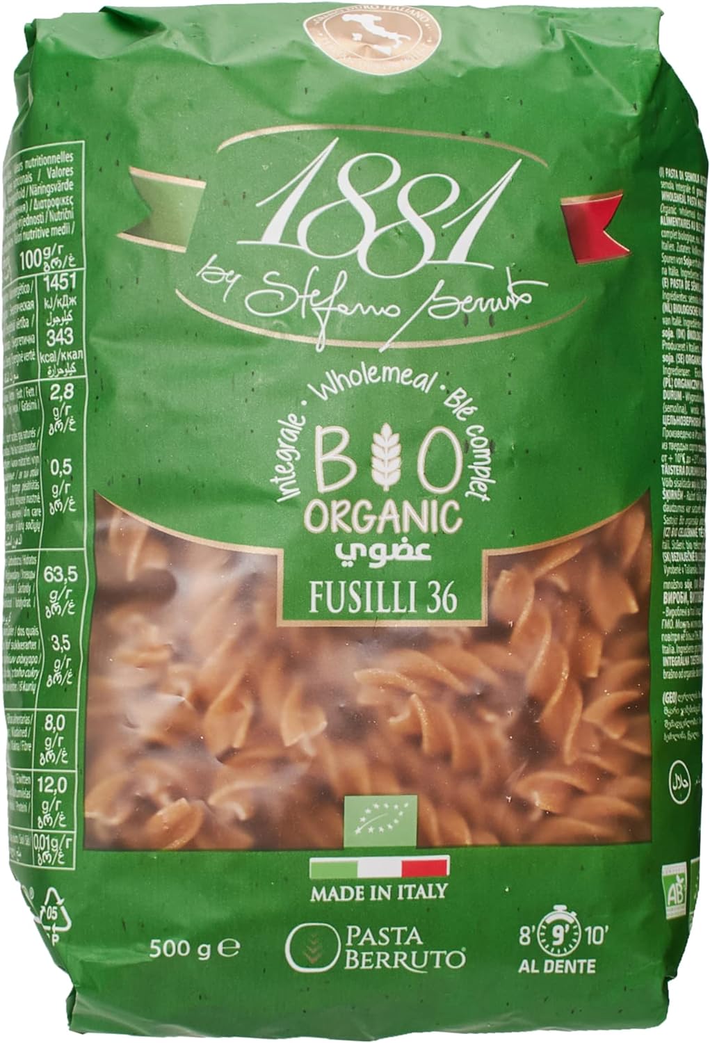 1881 Organic Whole meal Fusilli36 Pasta 500g