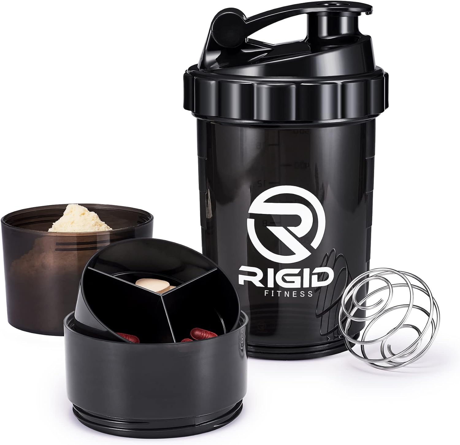 RIGID FITNESS (2 Pack) Protein Shaker Bottle x2 (500ml) Transparent - Leak-Proof Blender Bottle with Powder and Pill Storage Compartment - BPA Free Shaker