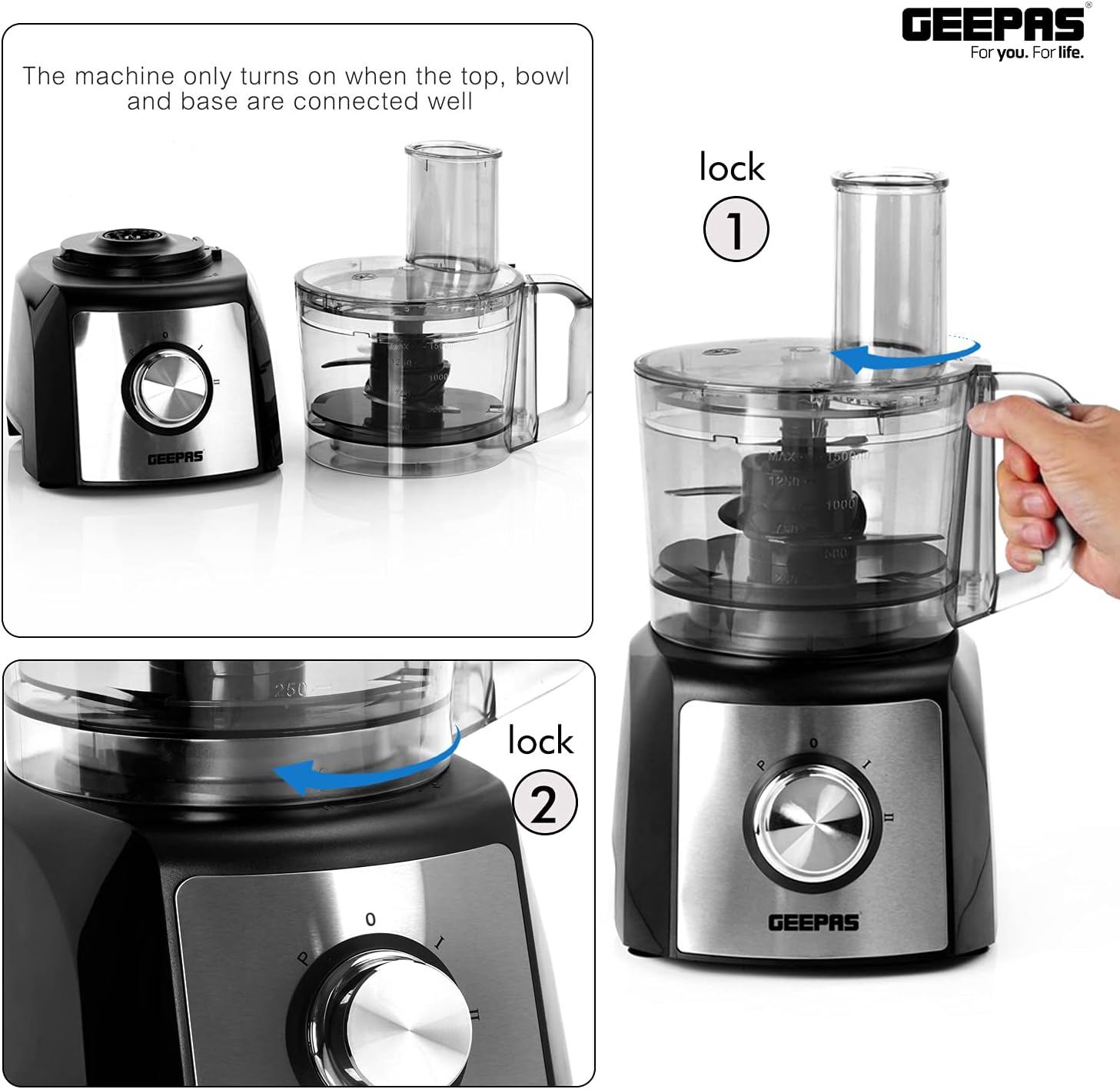 Geepas Geepas gmc42015Uk 1200W Compact Food Processor 1.2L Bowl Capacity Stainless Steel & Dough Blades Included 2 Years Warranty, Black, 1200W 6 In 1