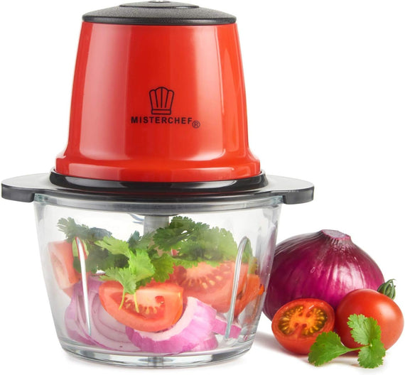 MisterChef Red Mini Chopper, Blender, Food Processor, 3 bi-Level Blades - Energy Saver 200W with Turbo - 1.5L Food Capacity Glass Bowl - 2 Year Warranty - Metallic Red