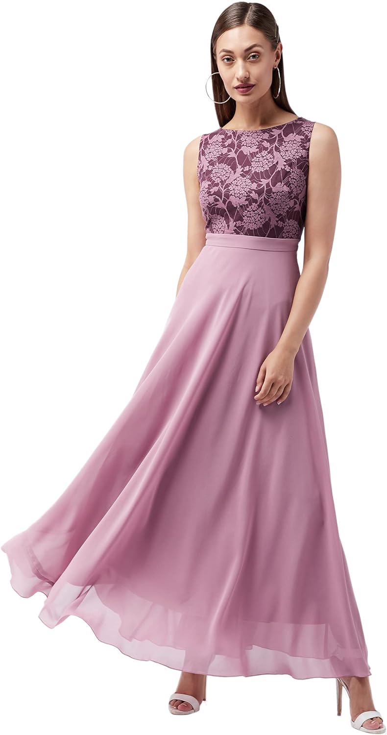 Miss Olive Polyester Fit and Flare Women's Lavender Round Neck Sleeveless Solid Lace Overlaid Maxi Dress