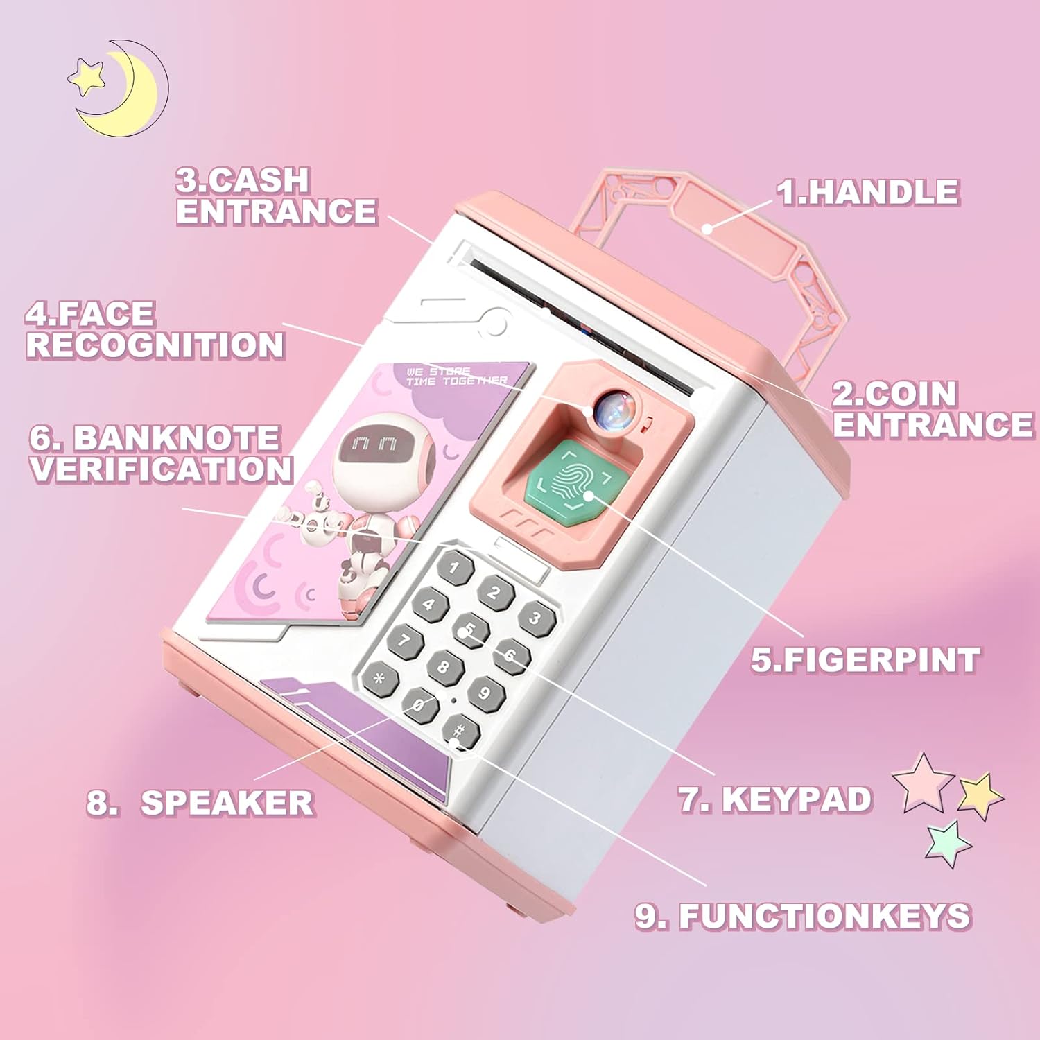 Kids Piggy Bank, Electronic Bank Toy, Auto Scroll Paper Money ATM, with Personal Password & Fingerprint Unlocking Coin Bank ,Perfect Birthday Toys Gifts for Boys Girls (Pink)