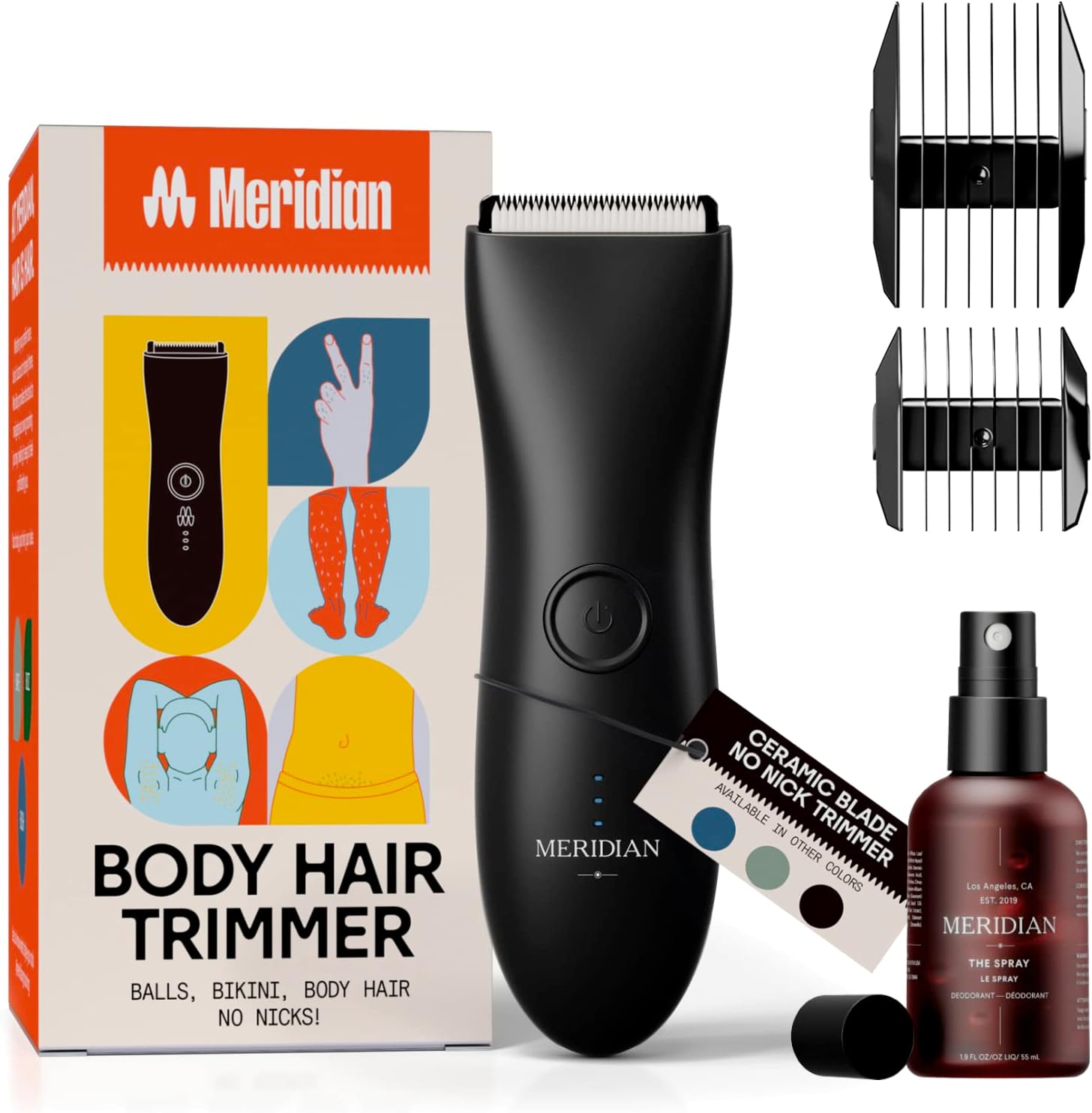 The Complete Package by Meridian: Includes Men’s Waterproof Electric Below-The-Belt Trimmer and The Spray (50 mL) - Features Ceramic Blades and Sensitive Shave Tech (Onyx)