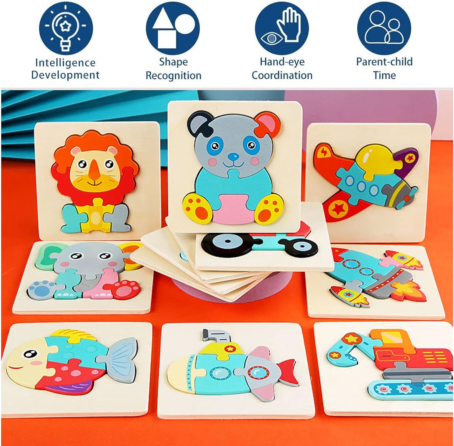 12 Pack Wooden Puzzles Toddler Toys for Kids 1-3 Years Old, Jigsaw Puzzles Learning Toys for Boys and Girls, Montessori Toys Color Shapes Early Learning Educational Gift