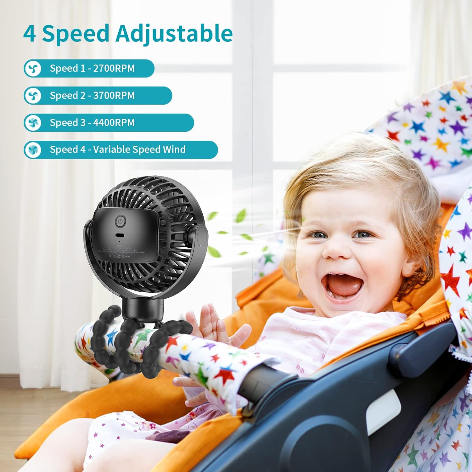 SmartDevil Portable Stroller Fan, 4000mAh Small Battery Operated Baby Fan, 4 Speeds Car Seat Fan with Flexible Tripod, Dual 360° Rotatable, for Peloton Bike, Crib, Treadmill, Travel (Black)