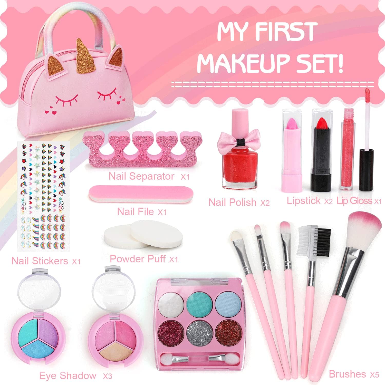 LinJie Makeup Kit for Girls, With Pink Unicorn Bag, Safe Non-Toxic,、Washable Makeup Toys、 Children's Real Makeup Bag For Little Girls, Playing With Makeup Children's Birthday Gifts