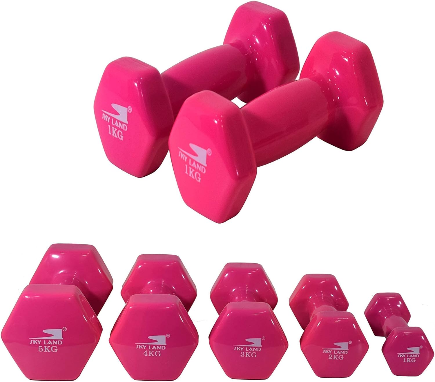 SKY LAND Classical Head Vinyl Dumbbells/Hand Weights Pair/Vinyl Coated Dumbbells for Home Gym, Exercise & Fitness Equipment Workouts/Strength Training/1Kg Dumbbells X 2 Pink/EM-9219-1