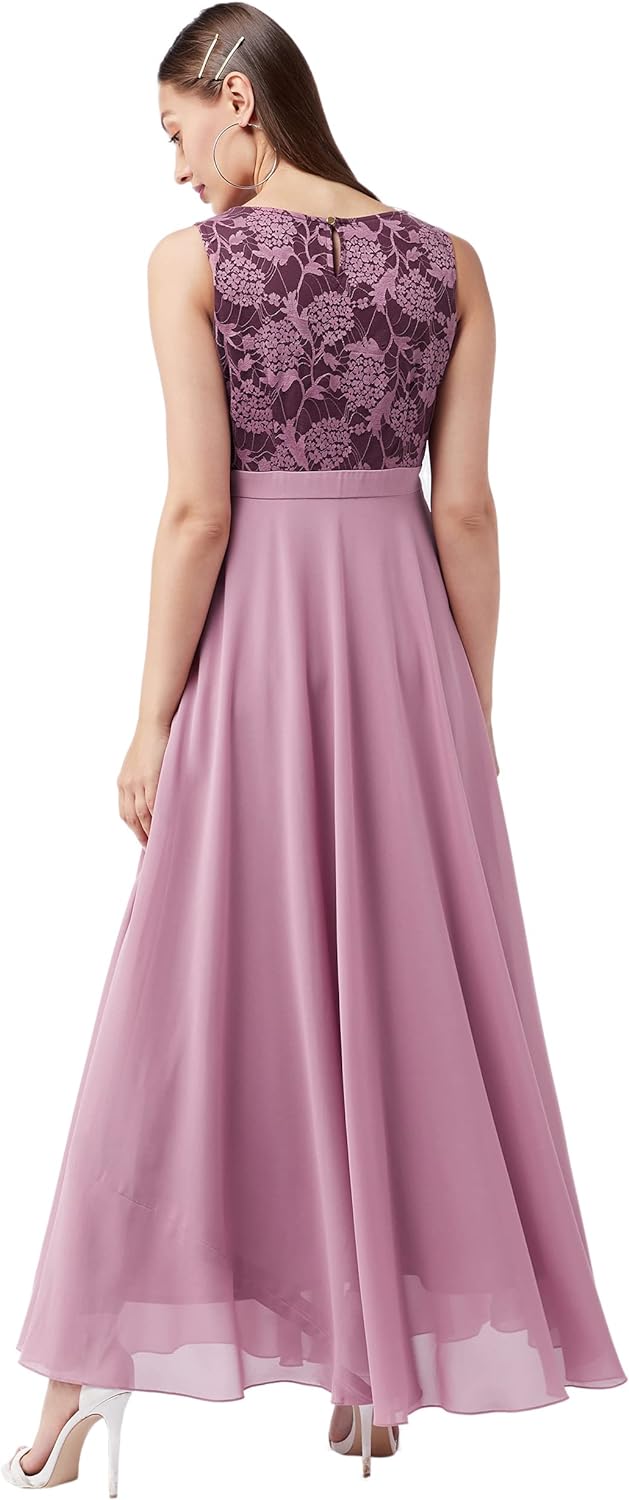 Miss Olive Polyester Fit and Flare Women's Lavender Round Neck Sleeveless Solid Lace Overlaid Maxi Dress