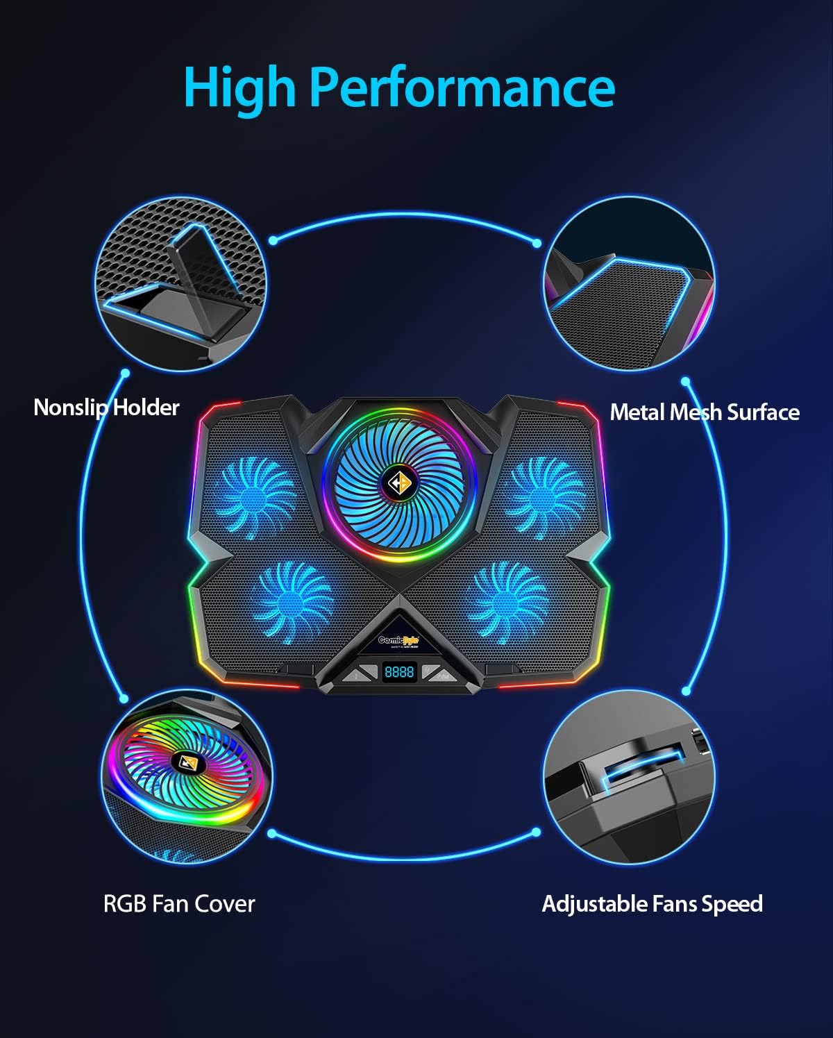 Cosmic Byte Cyclone RGB Laptop Cooling Pad with 5 Fan, Adjustable Speed, USB Hub (Black/Blue)