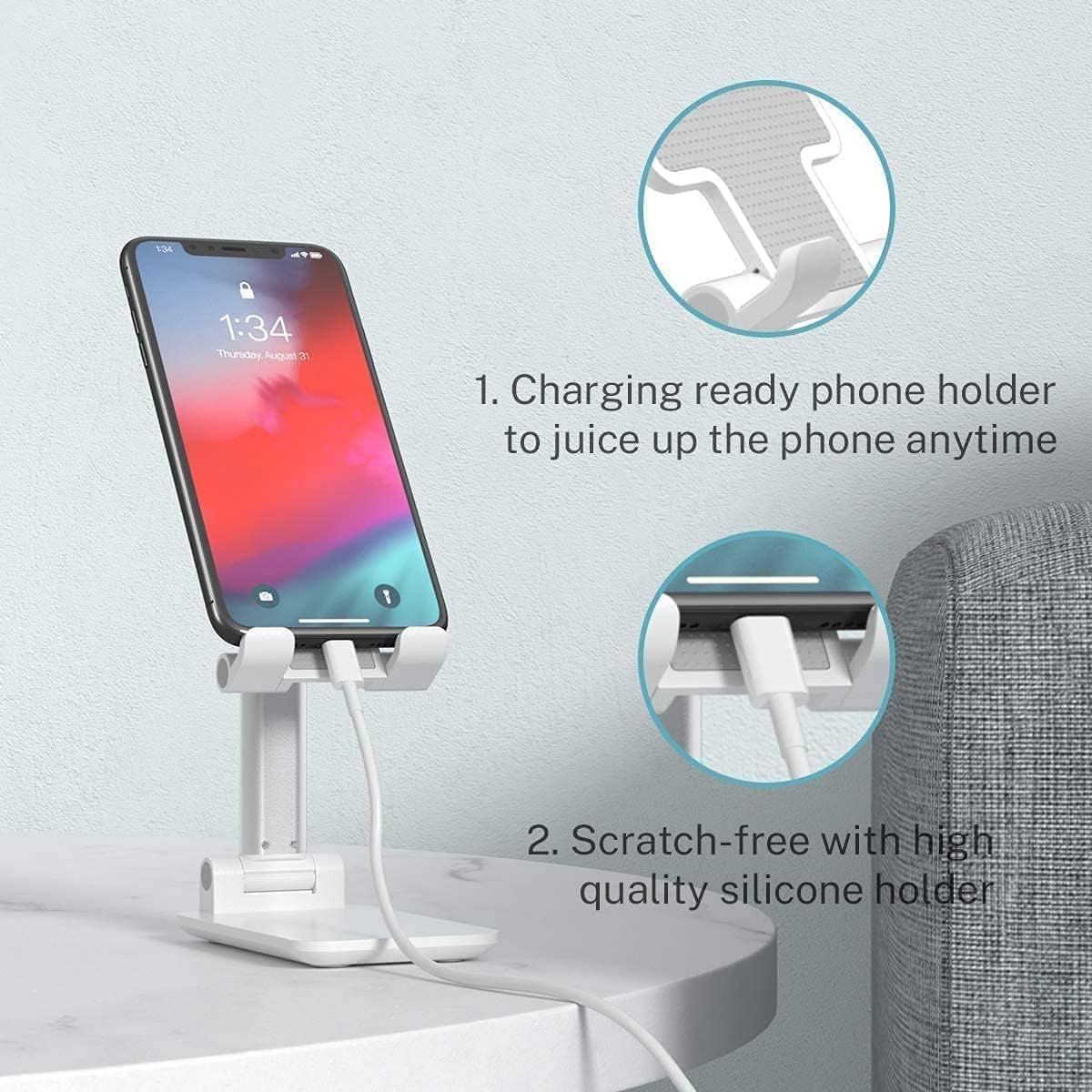 ECVV Foldable Mobile phone Stand Tablet Work area All-inclusive Convenient Rotatable Holder for iPhone, iPad Arouse, Nintendo Switch, Cell and up to 13" (White)