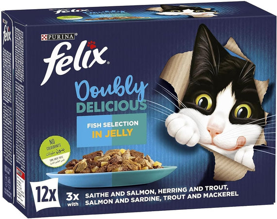 Felix Purina Doubly Delicious Fish Selection in Jelly Wet Cat Food Box, 85g (Pack of 12)