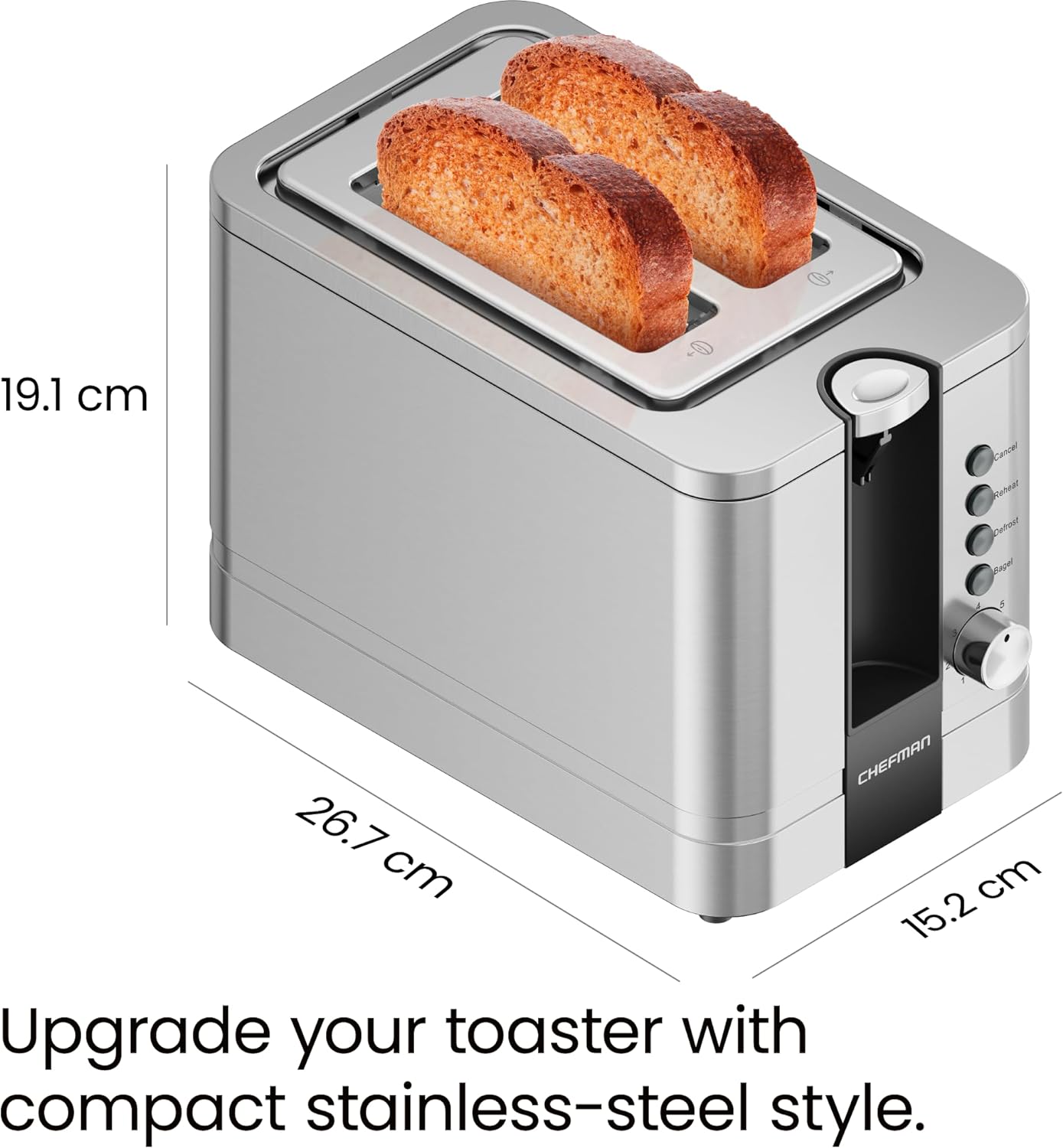 Chefman 2 Slice Toaster, 7 Shade Settings, Stainless Steel Toaster 2 Slice with Extra-Wide Slots, Thick Bread Toaster and Bagel Toaster, Reheat, Defrost, Cancel, Lift Lever, Removable Crumb Tray