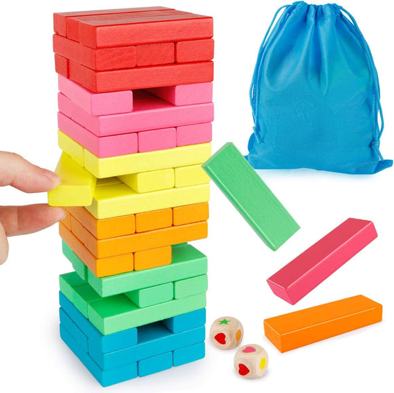 Coogam Wooden Blocks Stacking Game with Storage Bag, Toppling Colorful Tower Building Blocks Balancing Puzzles Montessori Toys Learning Sorting Family Games Educational Toys Gifts for Kids