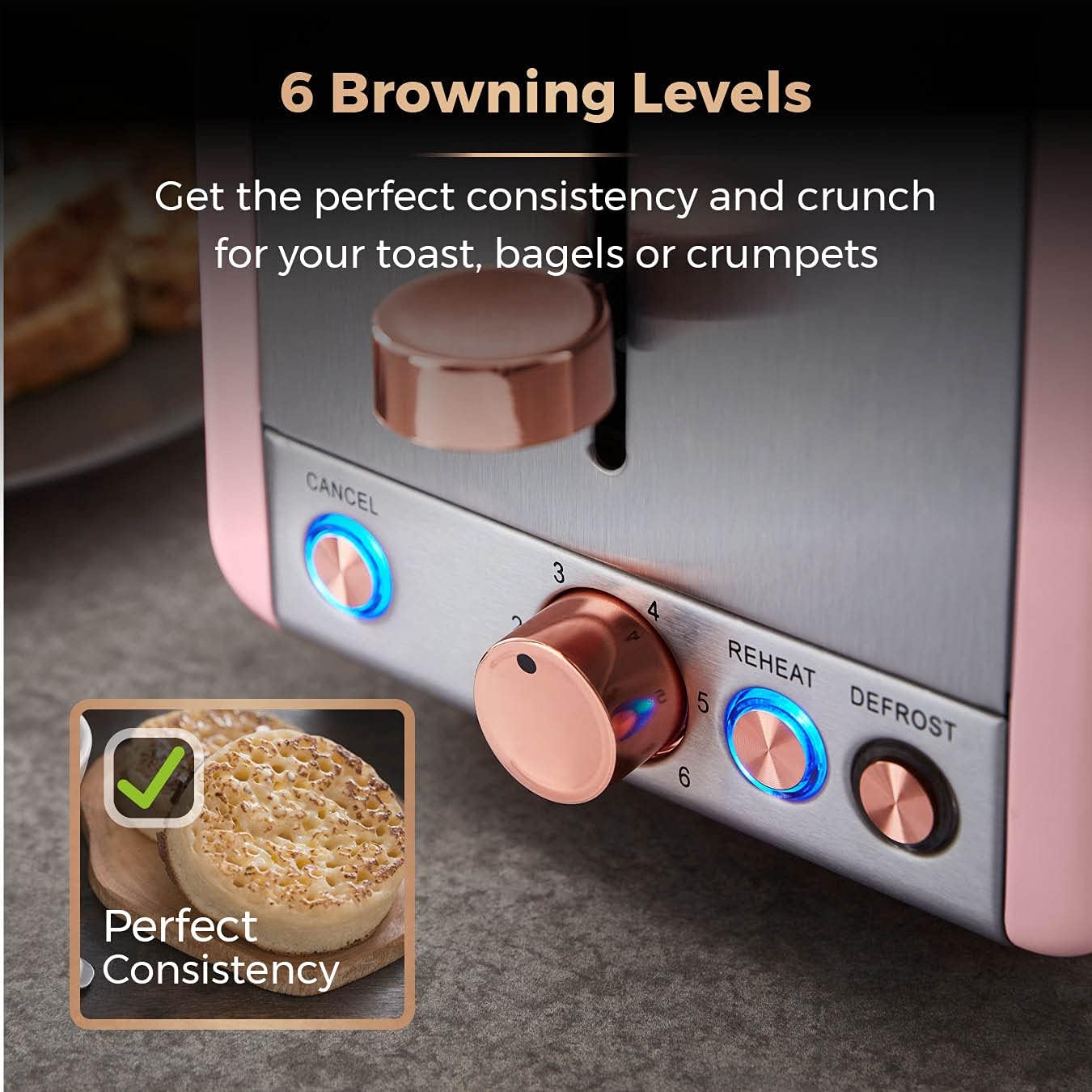 Tower T20036PNK Cavaletto 2-Slice Toaster with Defrost/Reheat, Stainless Steel, 850 W, Marshmallow Pink and Rose Gold