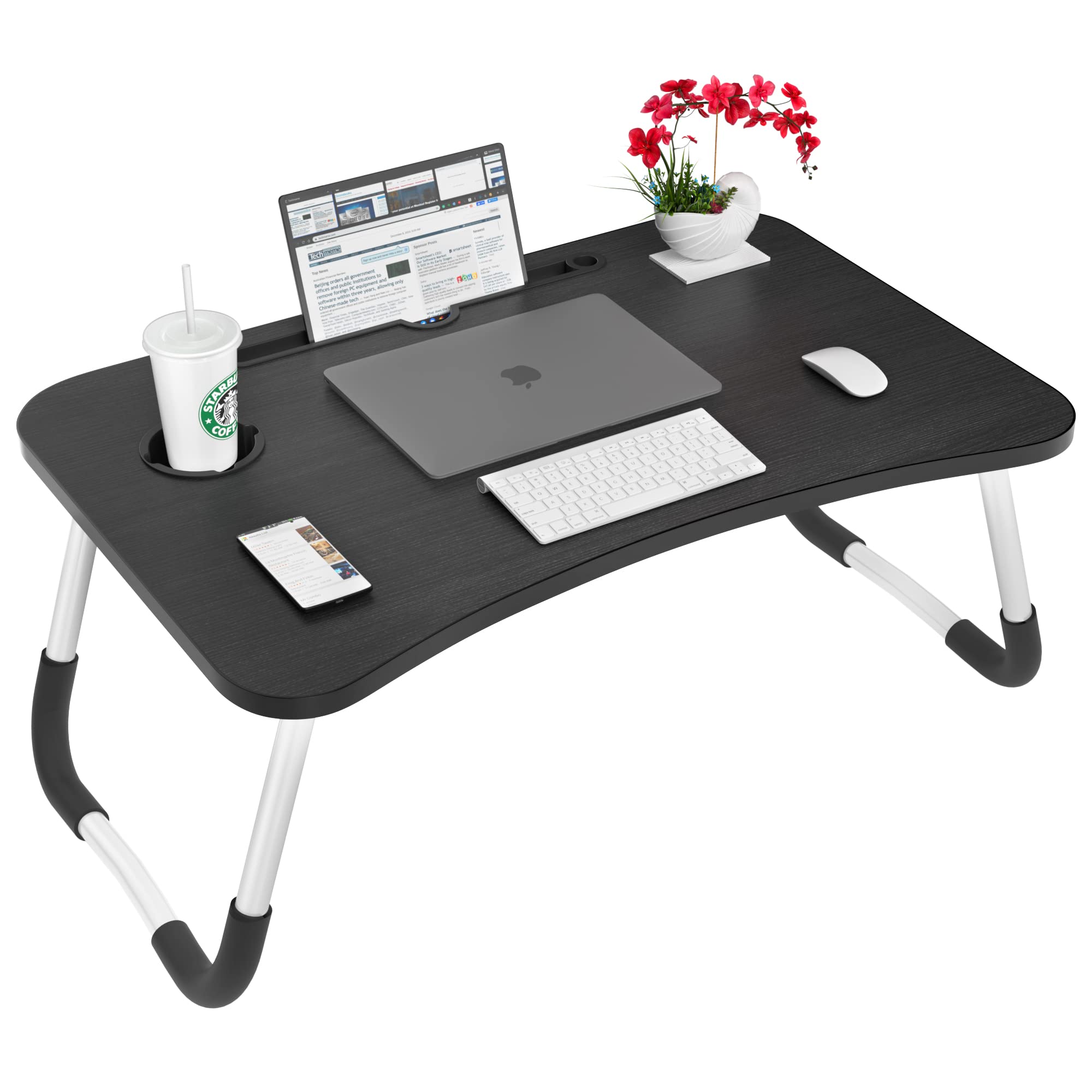 Astoryou Lap Desk, Foldable Laptop Table for Bed Portable Bed Desk for Laptop with Cup Holder, Laptop Desk Bed Trays for Working, Eating and Writing (Black)