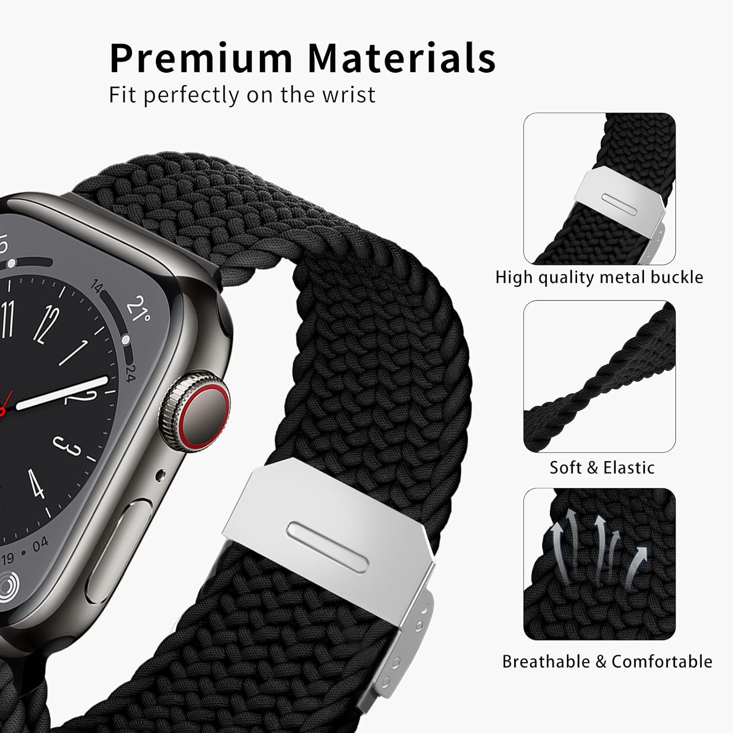 Compatible with Apple Watch Strap Band 49mm 45mm 44mm 42mm Braided Solo Loop Band Replacement Bands Adjustable Stretchable Elastics Sport Wristband for iWatch ultra2 ultra Series9/8/7/6/SE/5/4/3/2/1