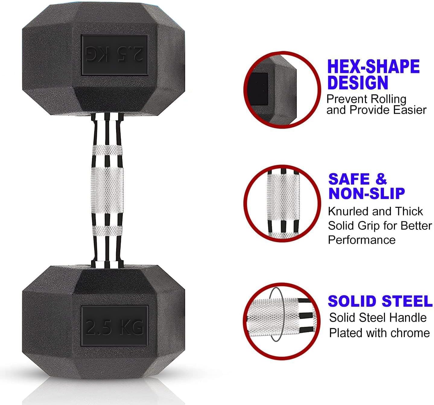 ALCOACH Rubber Coated Hex Dumbbell Set with Chrome Metal Handle for Strength Training-[ 2pcs-Hex Dumbbell 2.5KG]