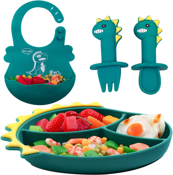 Baby Feeding Set, Silicone Suction Plate Dinosaur Shape SelfFeeding Adjustable Bib, Suction Plate for Baby Toddler with Spoon Fork Adjustable Bib Set (Blue)
