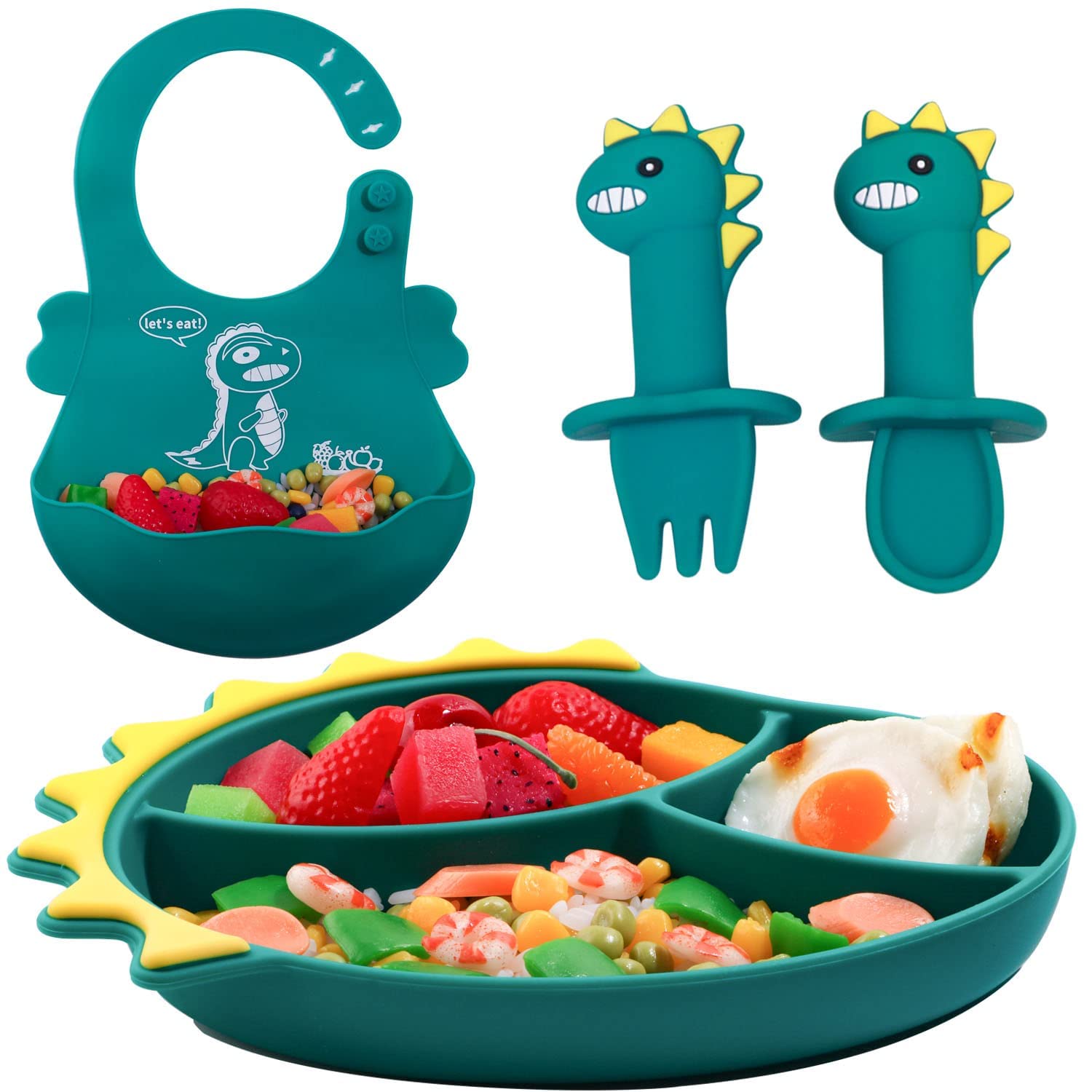 Baby Feeding Set, Silicone Suction Plate Dinosaur Shape SelfFeeding Adjustable Bib, Suction Plate for Baby Toddler with Spoon Fork Adjustable Bib Set (Blue)