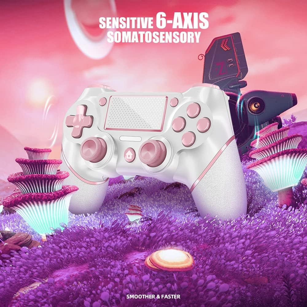 AceGamer Wireless Controller for PS4, Custom Design V2 Gamepad Joystick for PS4 with Non-Slip Grip of Both Sides and 3.5mm Audio Jack! Thumb Caps Included! (Pink-White)