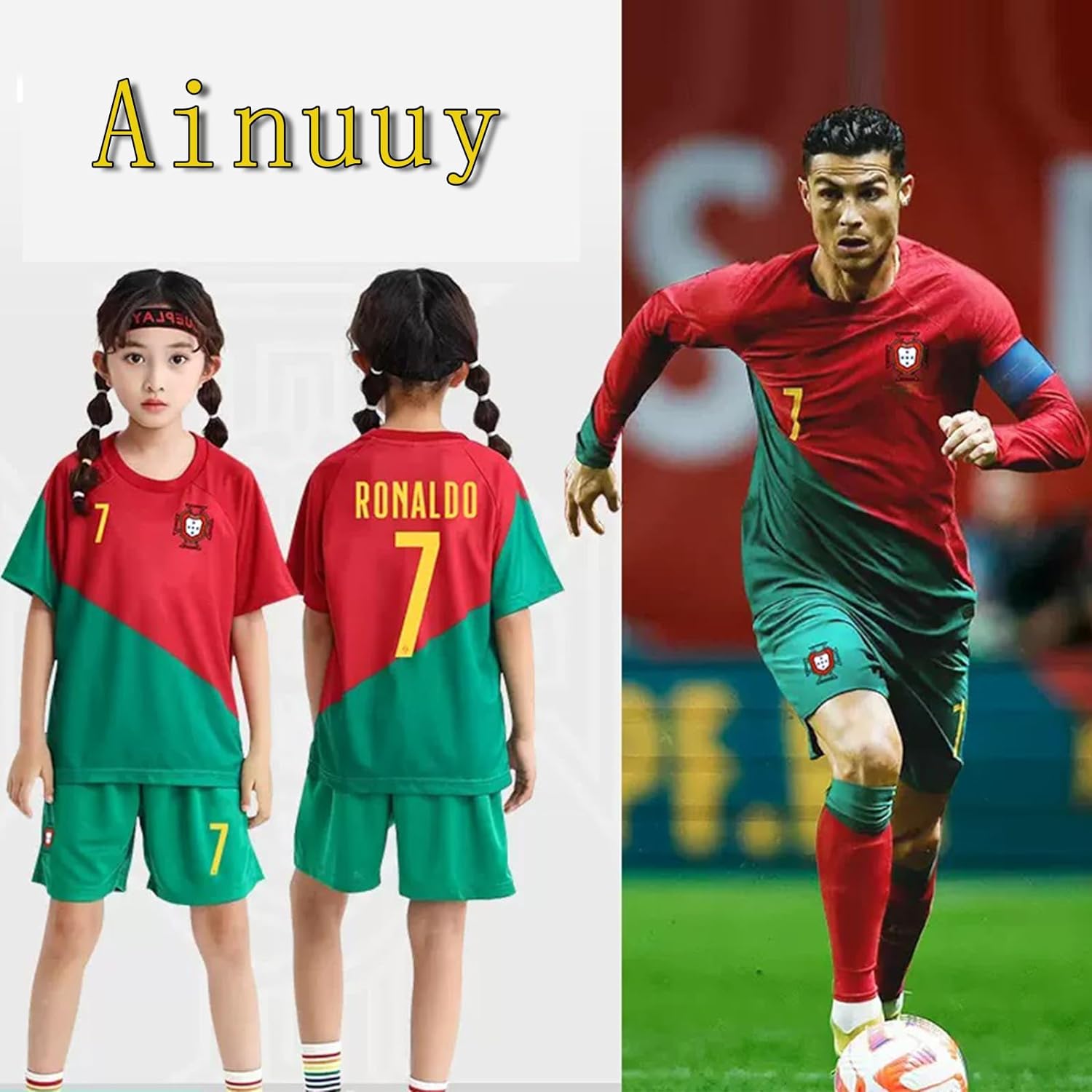 Ainuuy Football Jersey Set for Kids, 7 Ronaldo Boys Girls Football Jersey Kit, Children Football Uniforms Short-sleeved Football Shirts, Football Soccer Jersey Set Youth Sizes Football Tracksuits