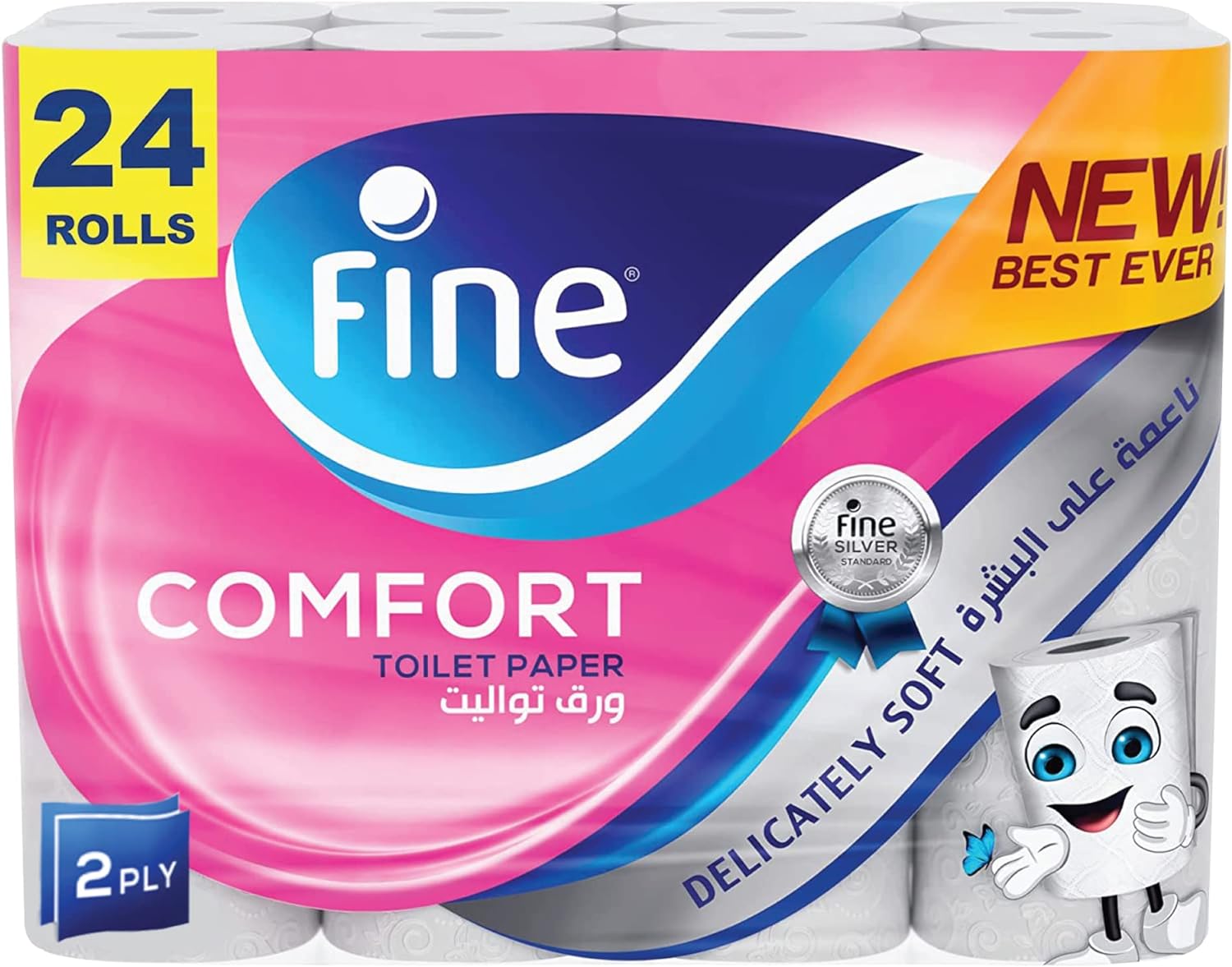 Fine Comfort, Absorbent, Sterilized, Soft, Flushable Toilet Paper, 2 Plies, Pack of 24 Rolls. New & Improved