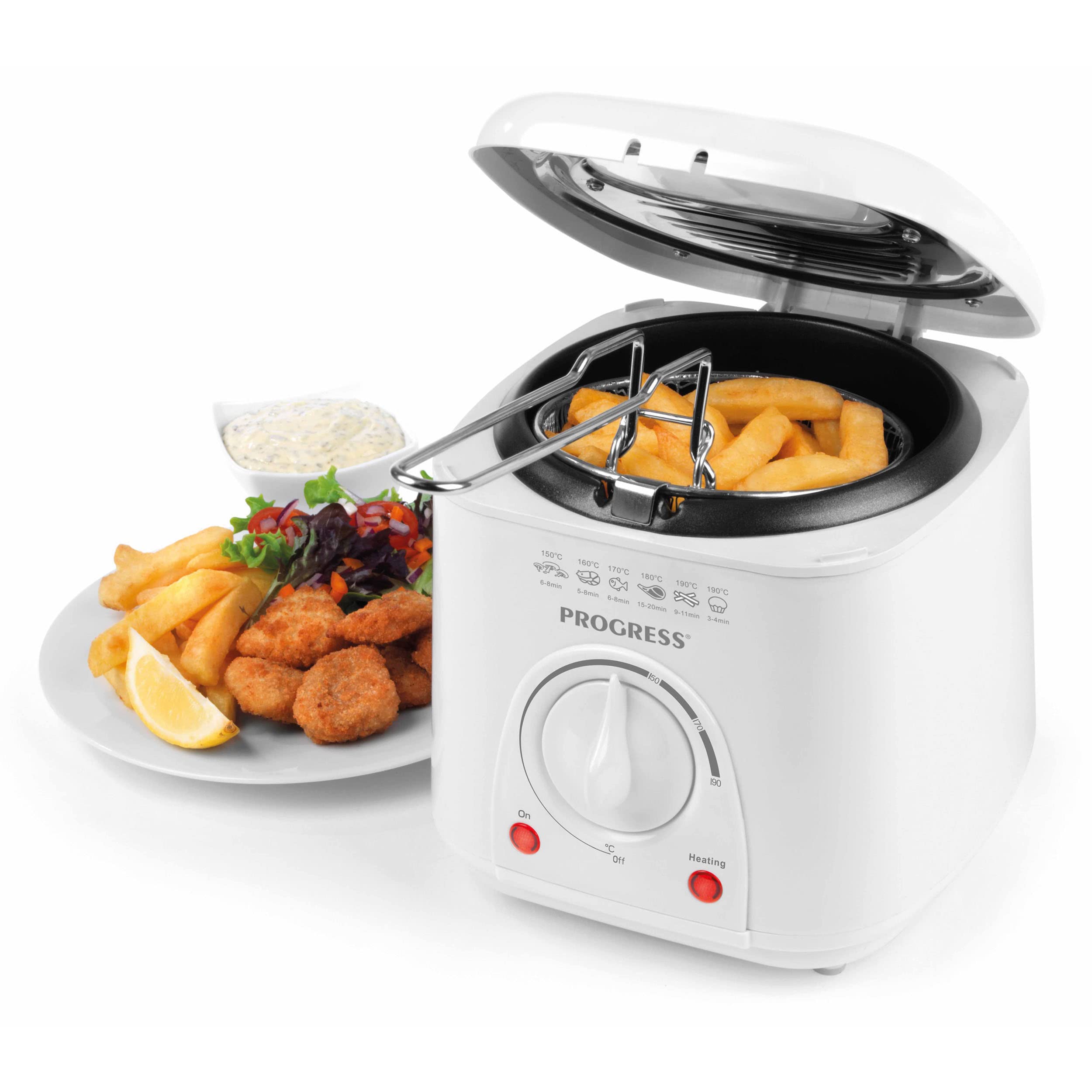 Progress EK2969P Compact Mini Deep Fat Fryer - Removable Easy Clean Cooking Basket, Small 1L Deep Fryer, 950W, Non-Stick Chip Pan, Detachable Handle, Variable Temperature To 190°, 20.7 x 19.2 x 19cm