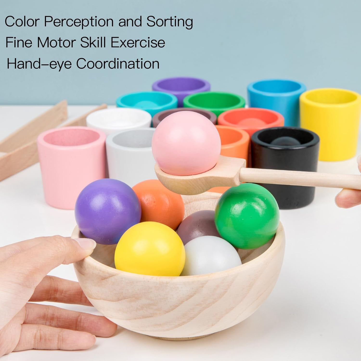 Auvewilo Wooden Balls and Cups Color Sorting Montessori Toy, Educational Wood Toy Set with 12 Cups, 12 Large 4cm Balls, Bowl, Spoon, and Tong