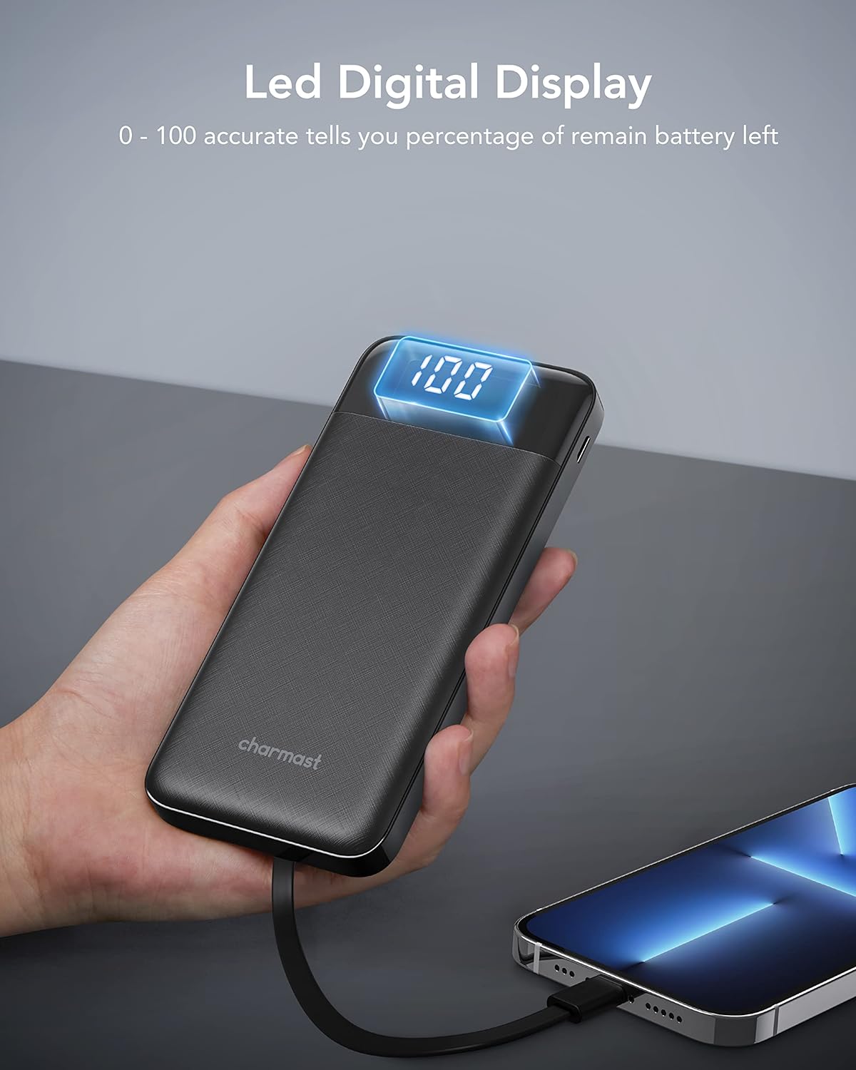 Charmast Power Bank with Built in Cable, 10000mAh USB C Battery pack 6 Outputs 2 Inputs with LED Display Type C Powerbank Portable Charger Compatible with Smartphones Tablets and More