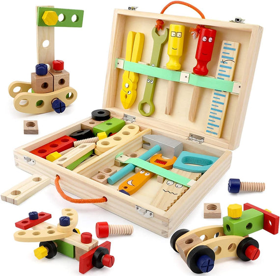 Arabest Kids Tool Kit, Wooden Tool Box, Construction Playset, Educational STEM Construction Toys, Ramadan Birthday Gifts for 2-6 Years Old Toddler Boys Girls (Cartoon)