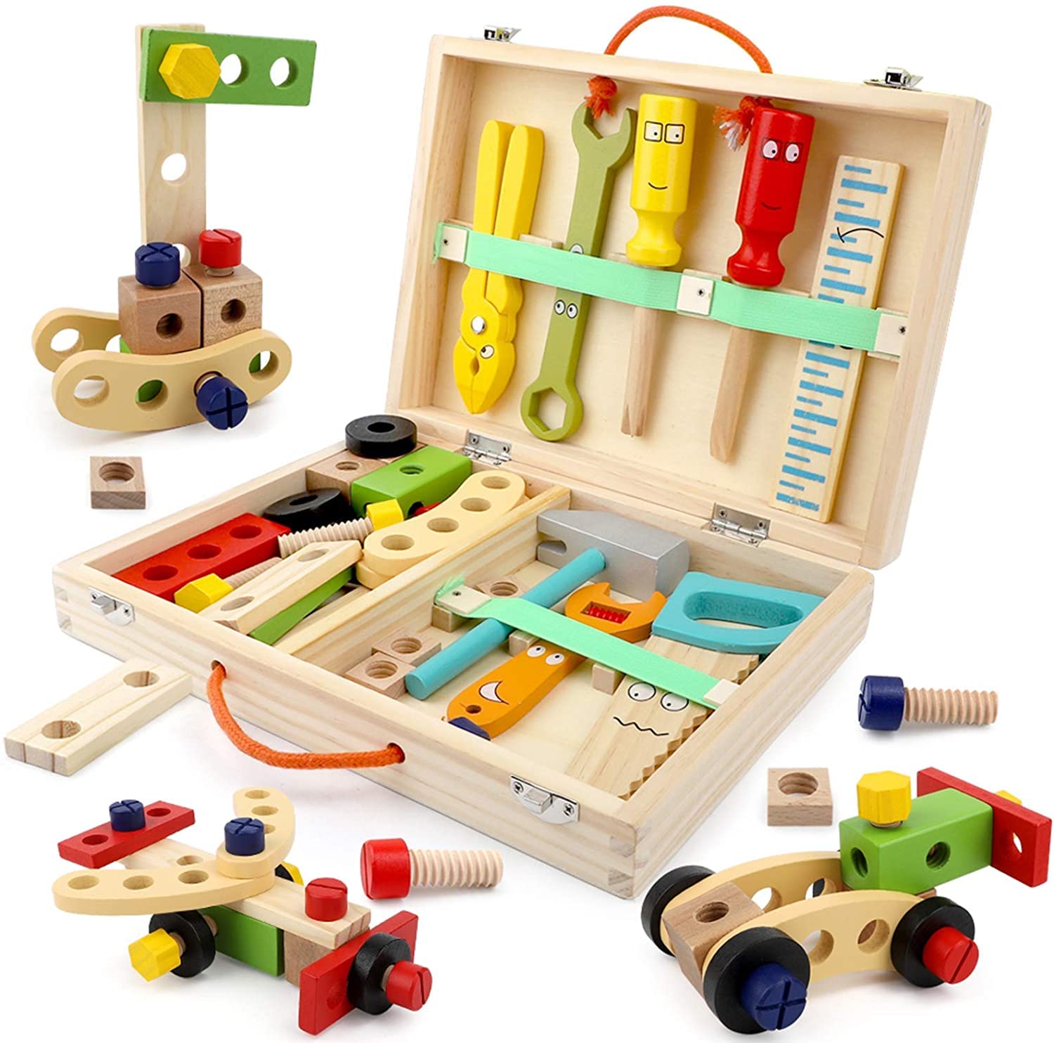 Arabest Kids Tool Kit, Wooden Tool Box, Construction Playset, Educational STEM Construction Toys, Ramadan Birthday Gifts for 2-6 Years Old Toddler Boys Girls (Cartoon)