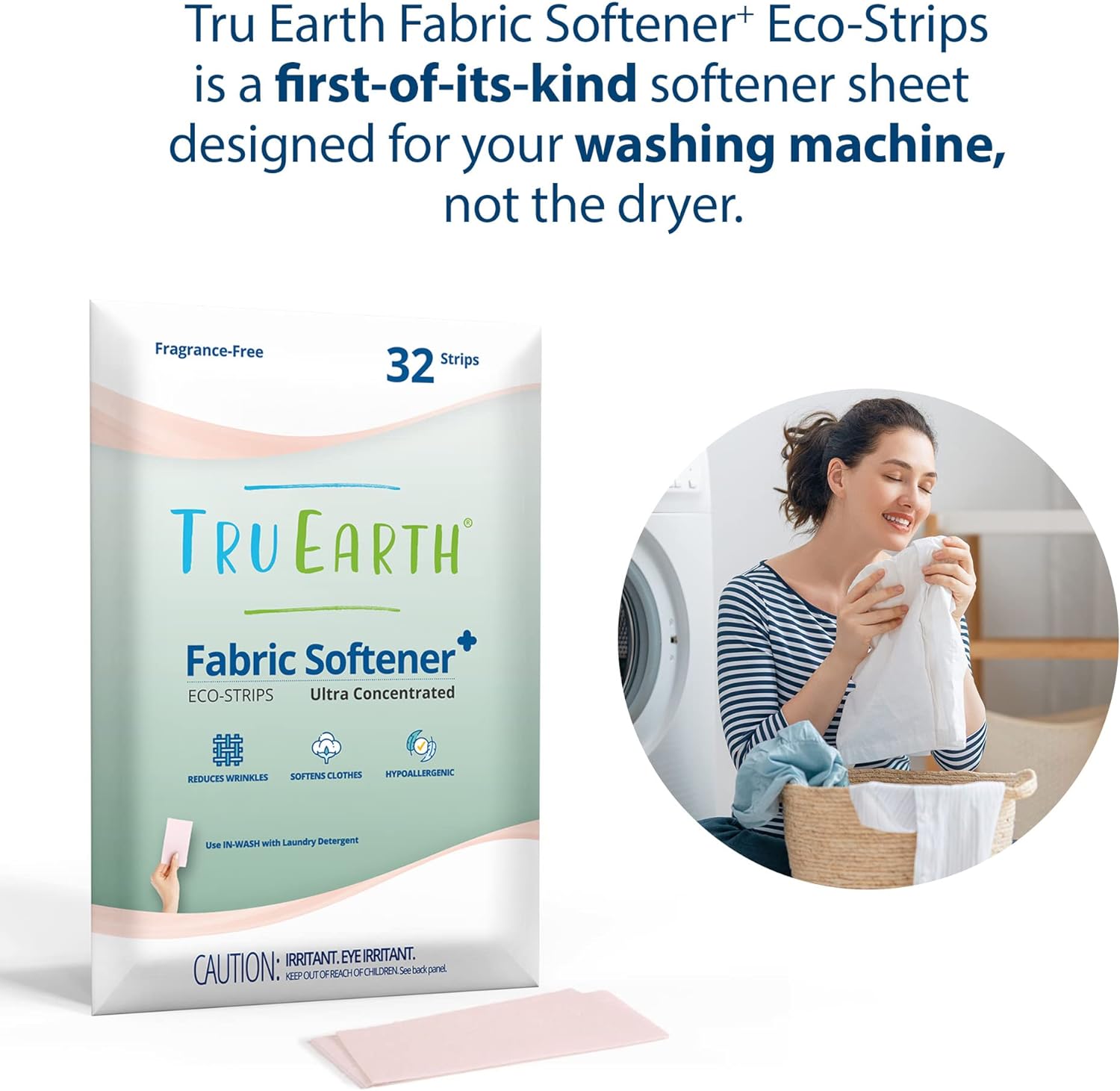 Tru Earth Fabric Softener Strips for Washing Machine, Alternative to Fabric Softener Liquid and Pods, Unscented Fragrance Free, Up to 64 Loads Per 32-Count