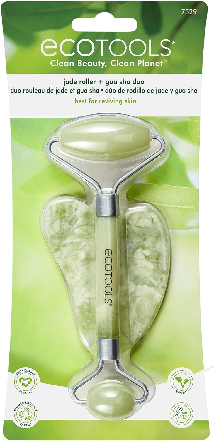 EcoTools Jade Roller and Gua sha Facial Set, Face Roller and Massage Tool, 100% Jade Skincare Essential