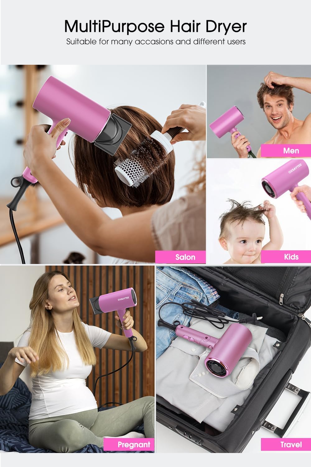 Oxsaytee hair dryer 2200W Professional Salon Hair Blow Dryer with Diffuser Low Noise Lightweight 3 Heating 2 Speed Cold Settings Blow Hairdryer for Home Travel