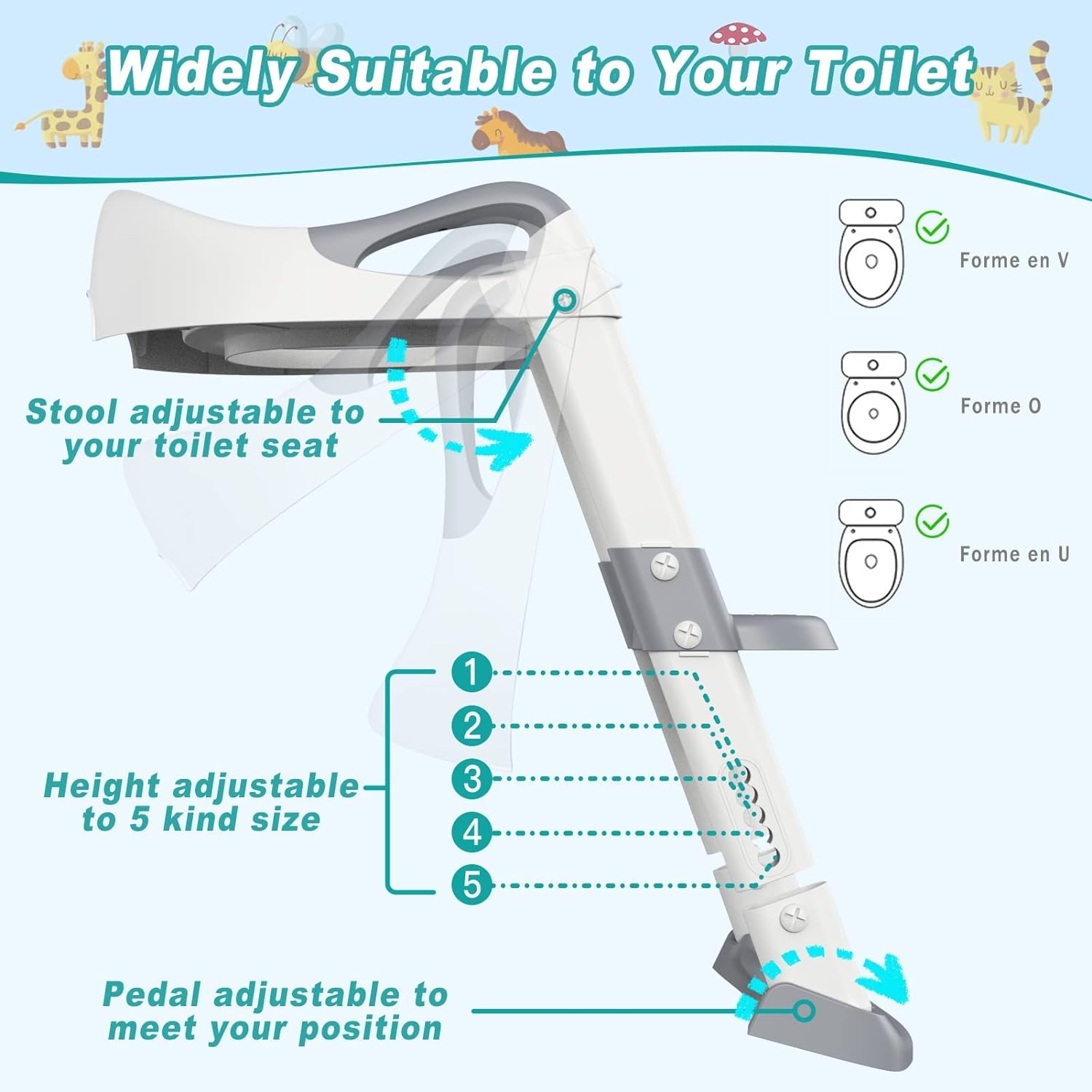 DMG Potty Training Seat, Kids Toilet Training Seat with Step Stool, Foldable Portable Potty Chair with Adjustable Height Ladder Guard Handle Soft Cushion White for Baby Toddler Boys Girls (Grey)