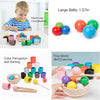 Auvewilo Wooden Balls and Cups Color Sorting Montessori Toy, Educational Wood Toy Set with 12 Cups, 12 Large 4cm Balls, Bowl, Spoon, and Tong
