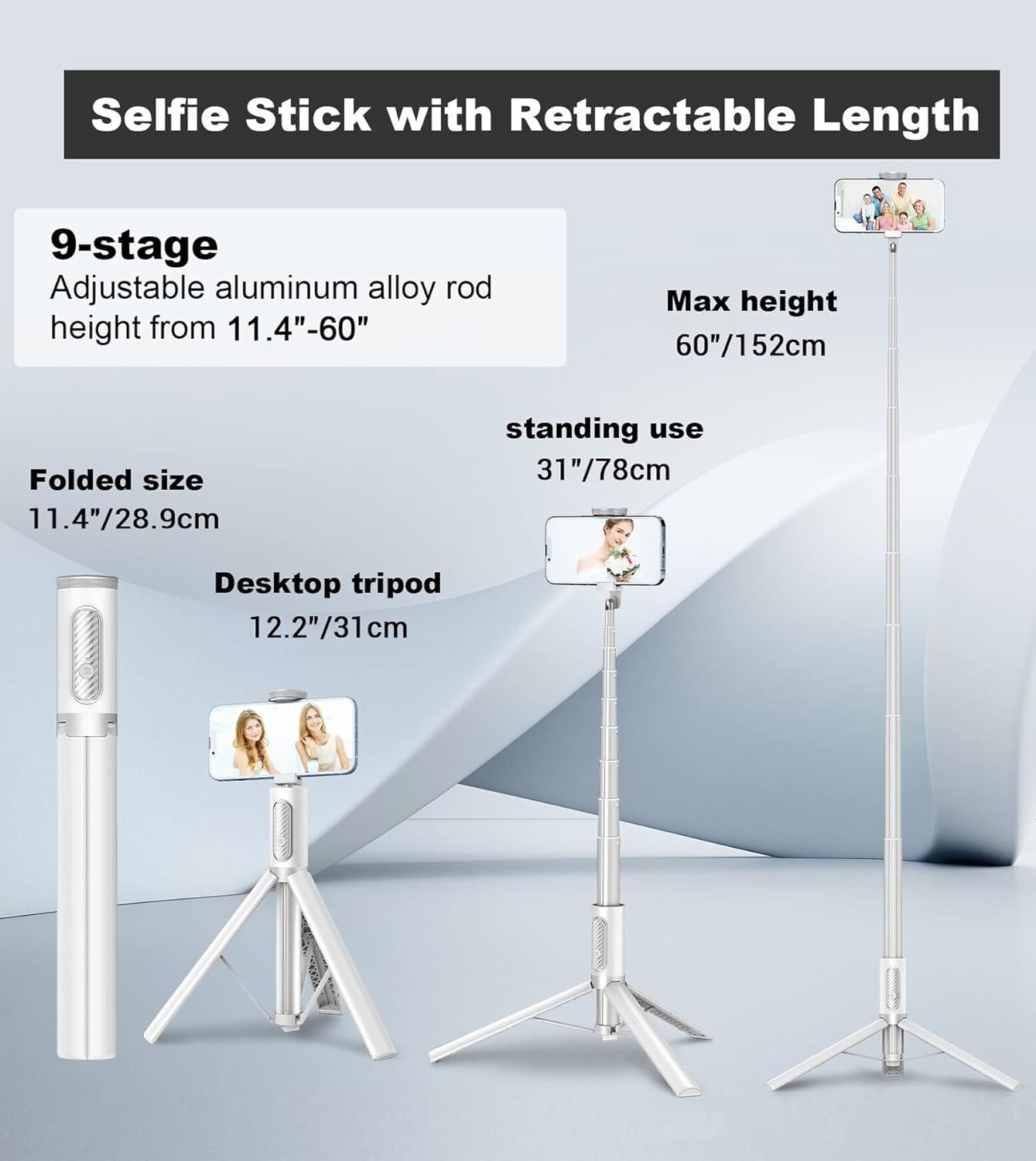 TONEOF152CM Cell Phone Selfie Stick Tripod,Smartphone Tripod Stand All-in-1 with Wireless Remote,Portable,Lightweight,Tall Extendable Phone Tripod for 4''-7'' iPhone and Android Phones White