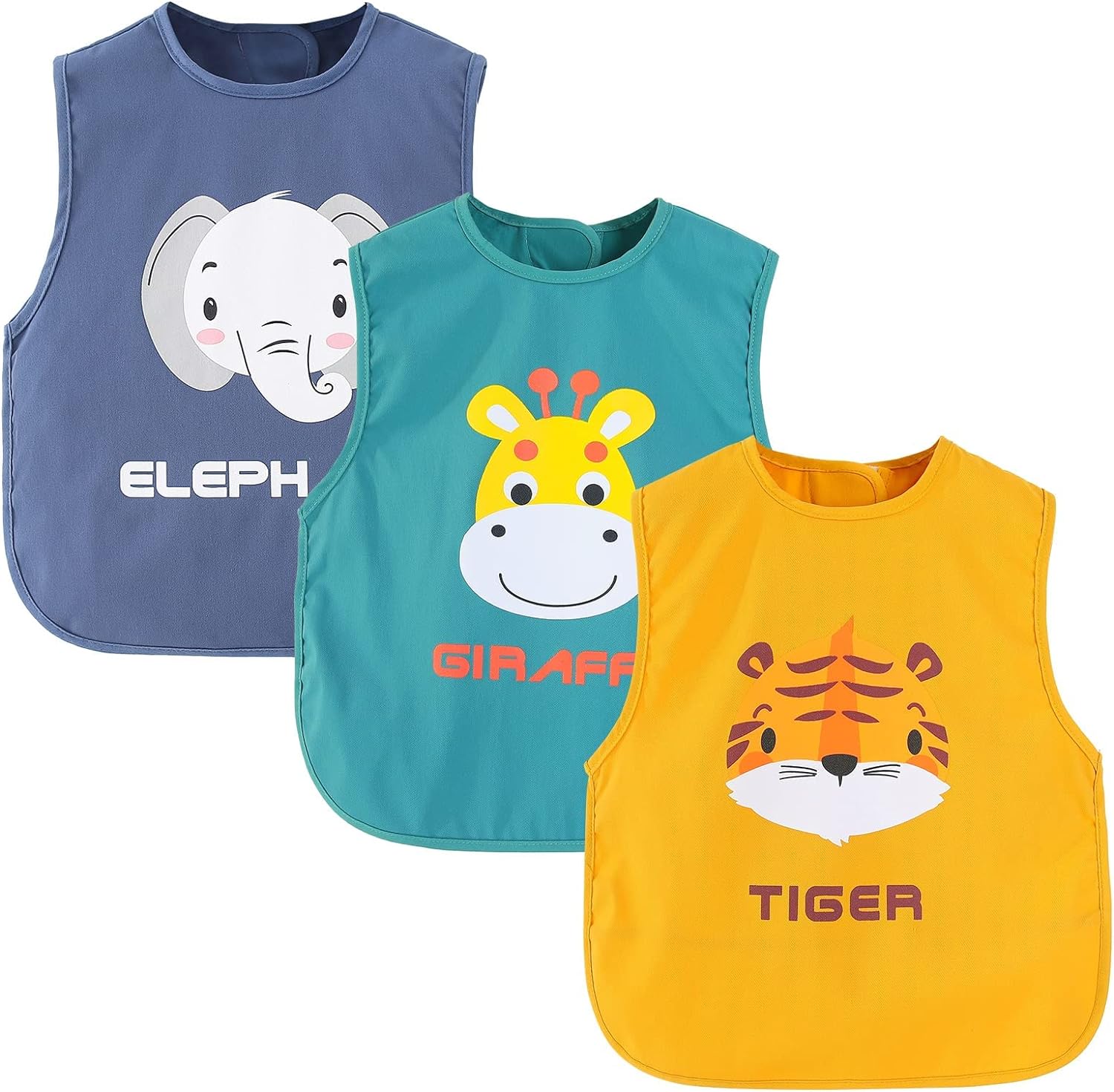 3 Pack Baby Bibs, Sleeveless Sleeve Bibs, Toddler Bibs Baby Feeding Bib Set with Crumb Catcher Pocket, Unisex Washable Adjustable Apron Little Kids Soft Protection Clothes 6-12 Months