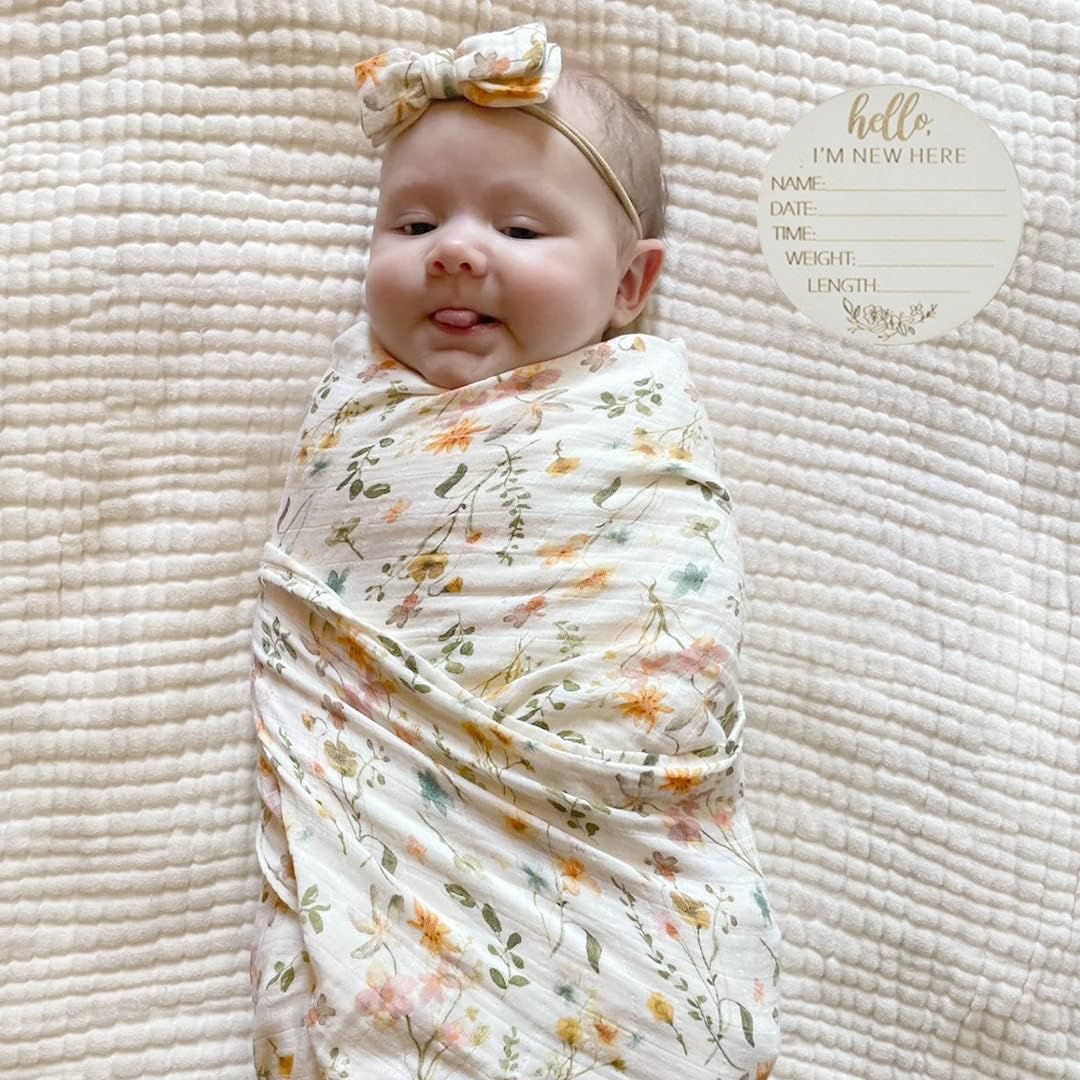 XICEN Baby Muslin Swaddle Blankets with Matching Hat, Hairband and Wooden Birth Announcement Card, Newborn Swaddle Set for Boys Girls, Infants Floral Receiving Blanket Bow Headband Hat