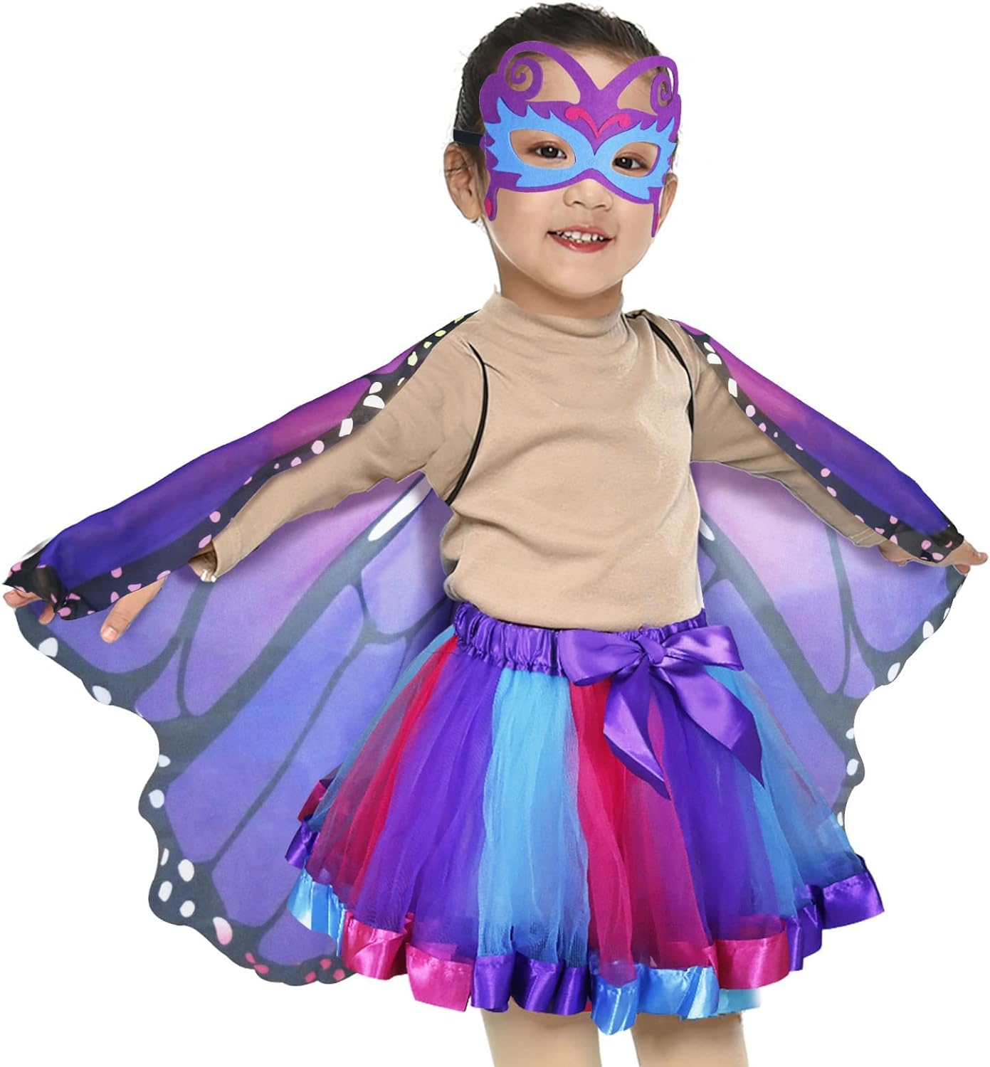 Butterfly Wings for Girls, Butterfly Costume for Party Kids Fairy Wing Dress with Mask and Antenna Headband
