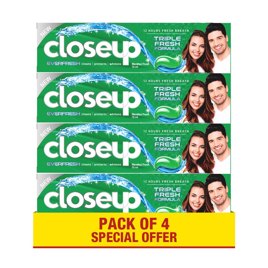 CLOSE UP Triple Fresh Gel Toothpaste, for 12 hours fresh breath, Menthol Fresh, with antibacterial mouthwash & microshine crystals, 75ml x 4