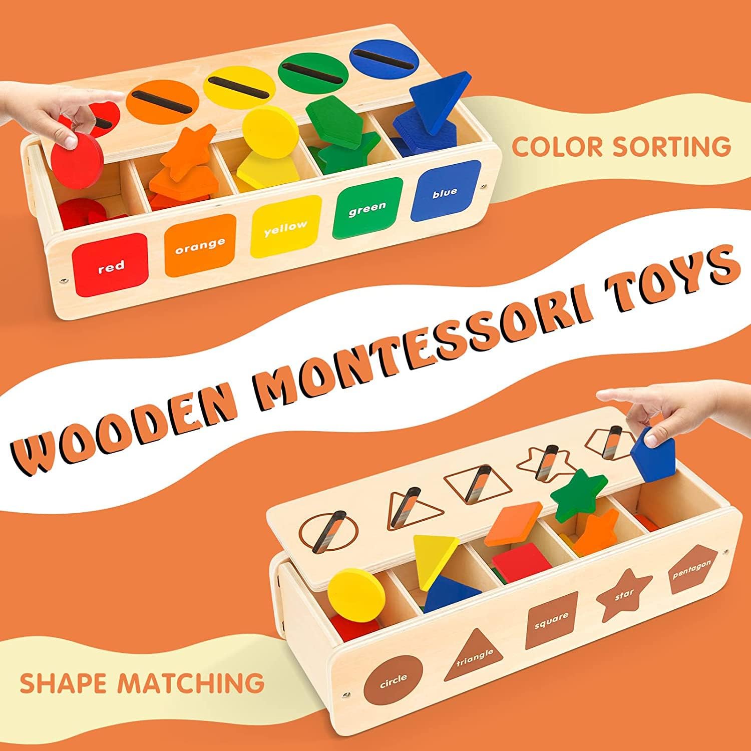 Montessori Toys for 1 2 3 Year Old Wooden Sorting Toys for Toddlers with Matching Box, Shape Sorter Color Matching Preschool Educational Learning Toy Gifts for Boys Girls