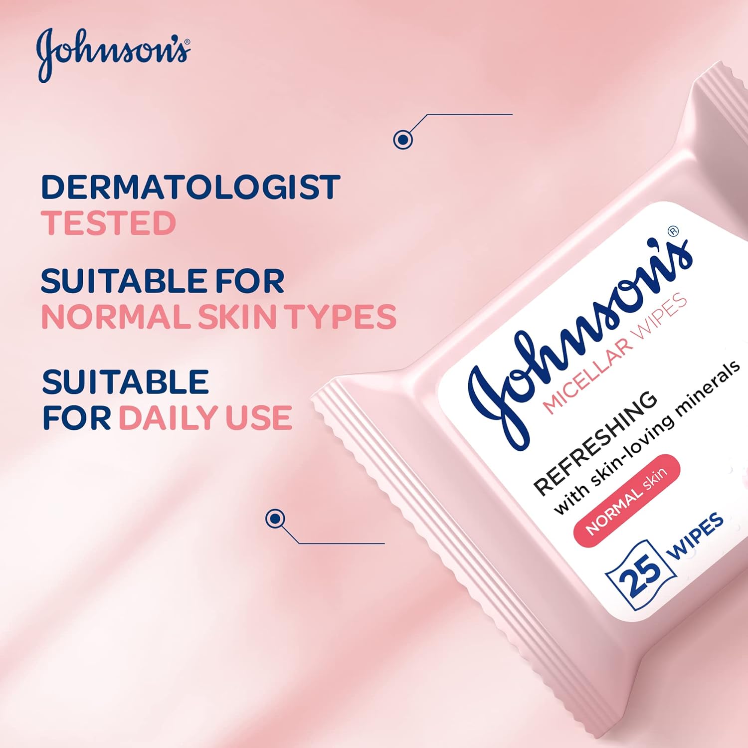 Johnson's Cleansing Facial Micellar Wipes, Refreshing, Normal Skin, Pack Of 25 Wipes