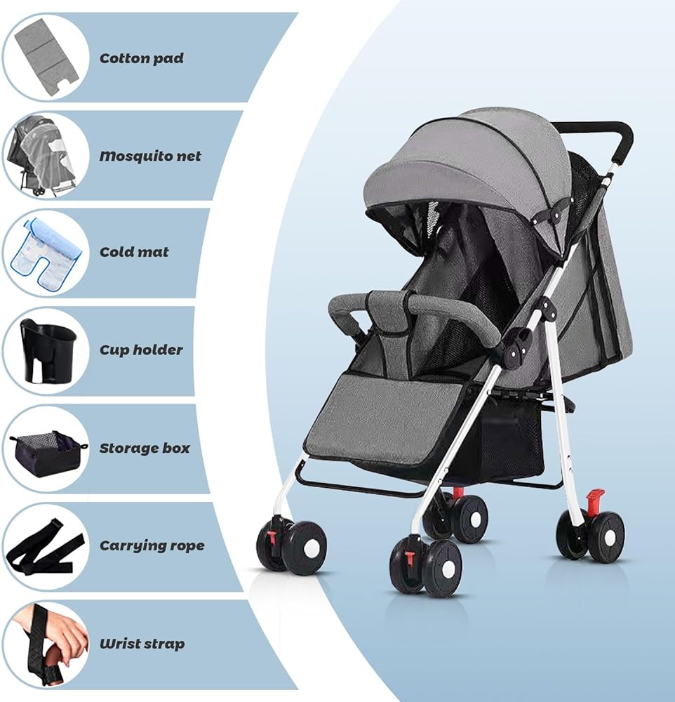 Occuwzz Lightweight Stroller, 0-36 months Lightweight Travel Stroller with Storage Basket Foldable Travel Pram Detachable Bumper for Toddler Stroller,5-Point Safety Harness,0-15kg