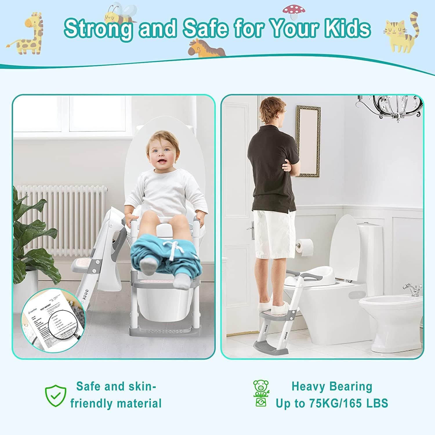 DMG Potty Training Seat, Kids Toilet Training Seat with Step Stool, Foldable Portable Potty Chair with Adjustable Height Ladder Guard Handle Soft Cushion White for Baby Toddler Boys Girls (Grey)