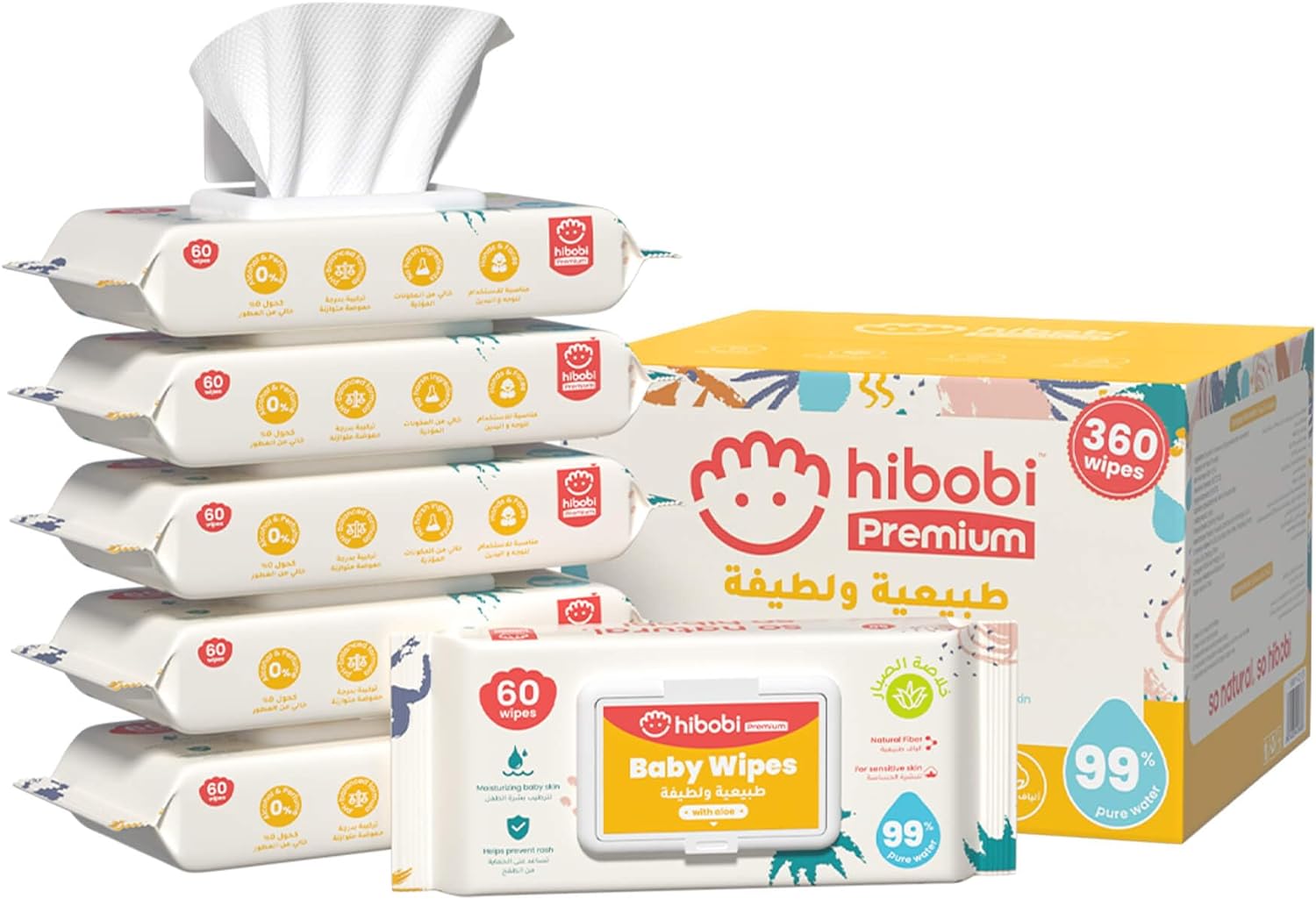 Hibobi 99% Pure Water Baby Wipes With Aloe, Gentle Cleansing Baby Wipes, 6X60, 360 Baby Wet Wipes(6 Packs)