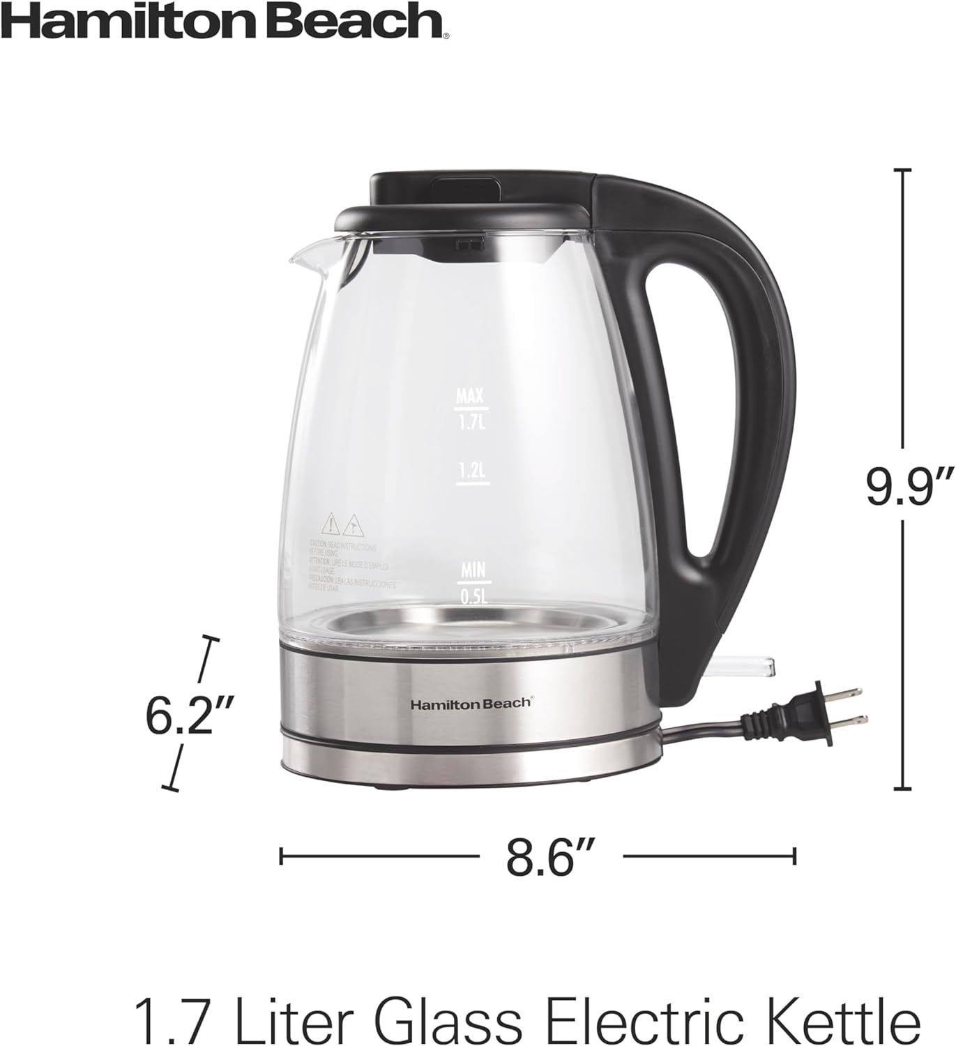 Hamilton Beach Glass Electric Tea Kettle, Water Boiler & Heater, 1.7 L, Cordless, LED Indicator, Built-In Mesh Filter, Auto-Shutoff & Boil-Dry Protection (40864), Clear