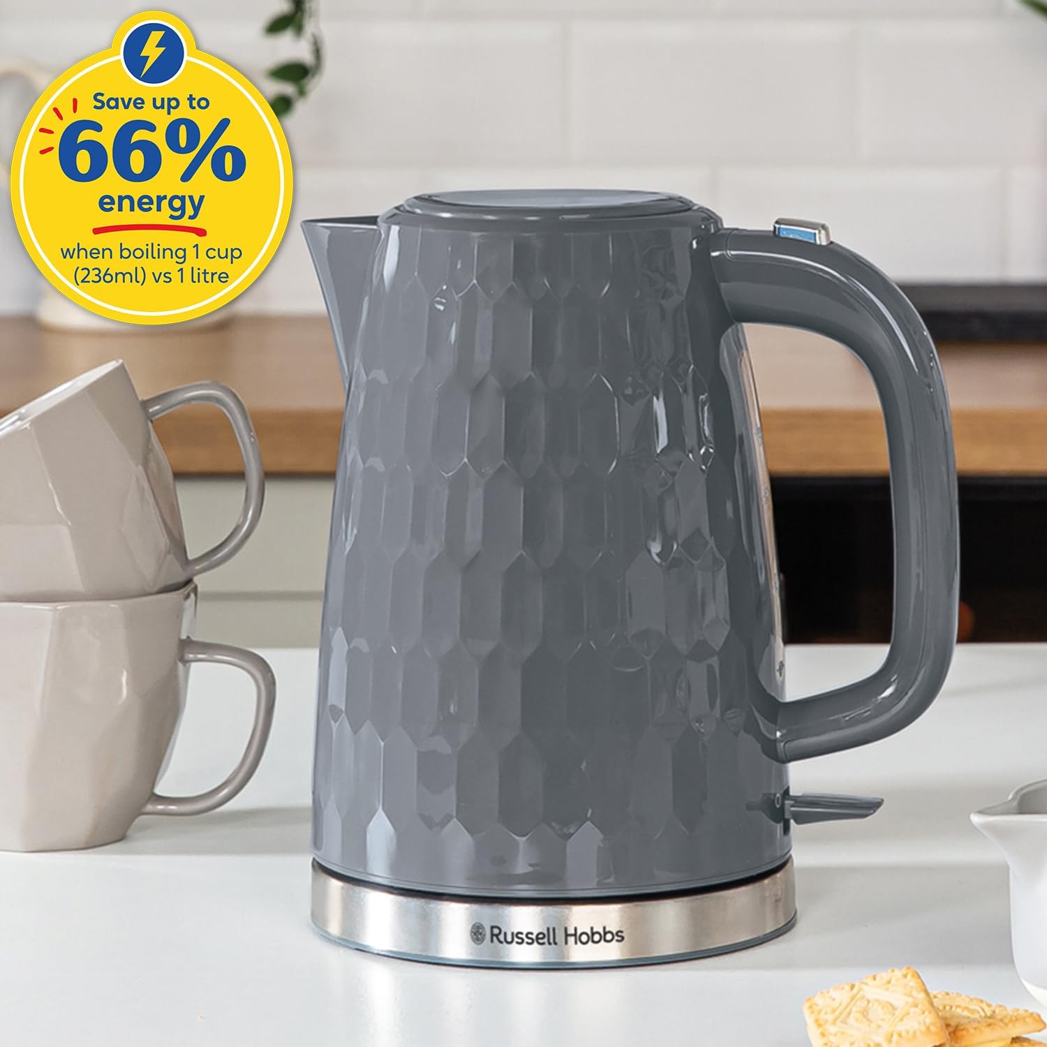 Russell Hobbs Honeycomb Electric 1.7L Cordless Kettle (Fast Boil 3KW, Grey premium plastic, matt & high gloss finish, Removable washable anti-scale filter, Push button lid, Perfect pour spout) 26053