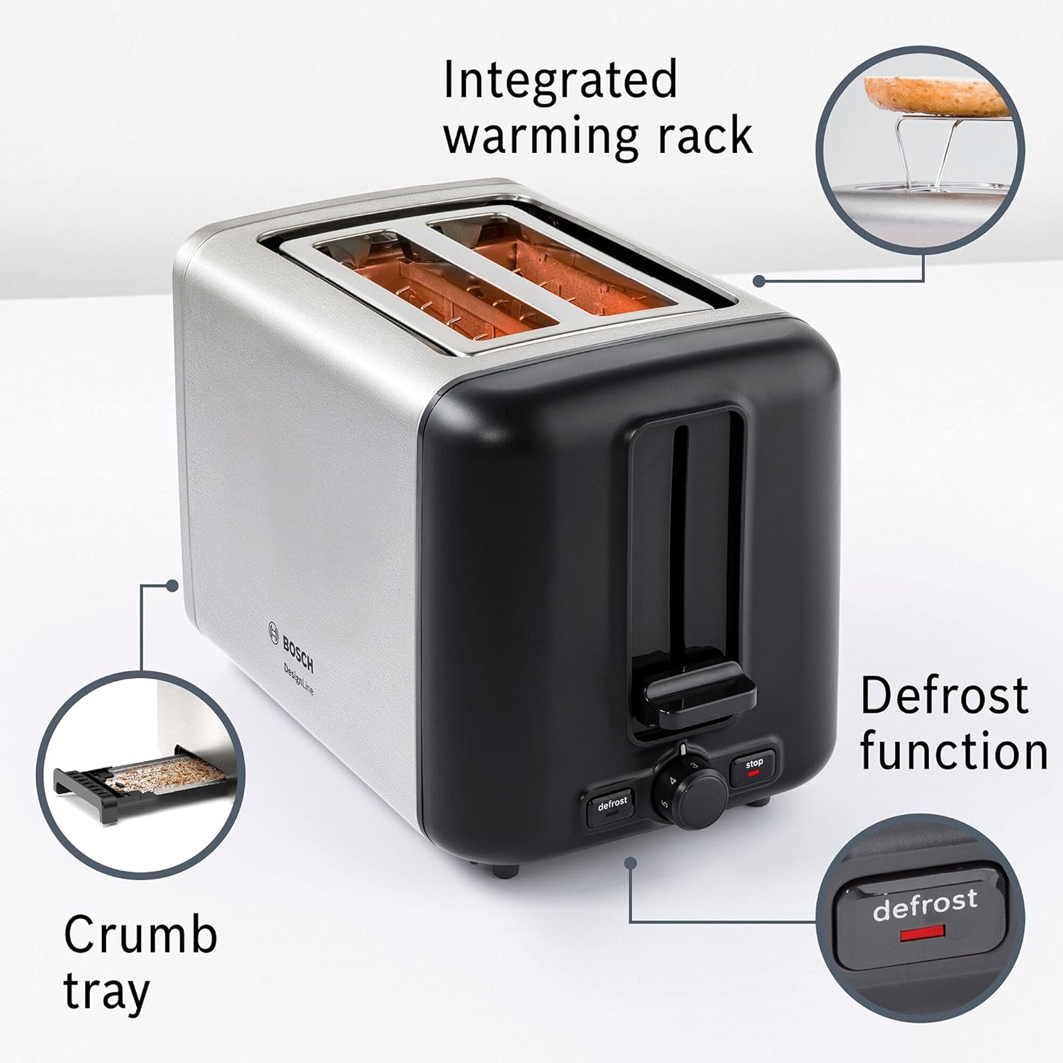 Bosch DesignLine TAT3P420GB 2 Slot Stainless Steel Toaster with variable controls - Silver & Black