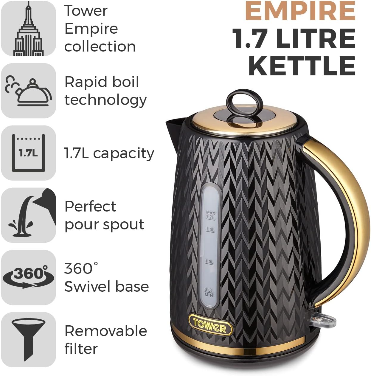 Tower T10052BLK Empire 1.7 Litre Kettle with Rapid Boil, Removable Filter, 3000W, Black with Brass Accents